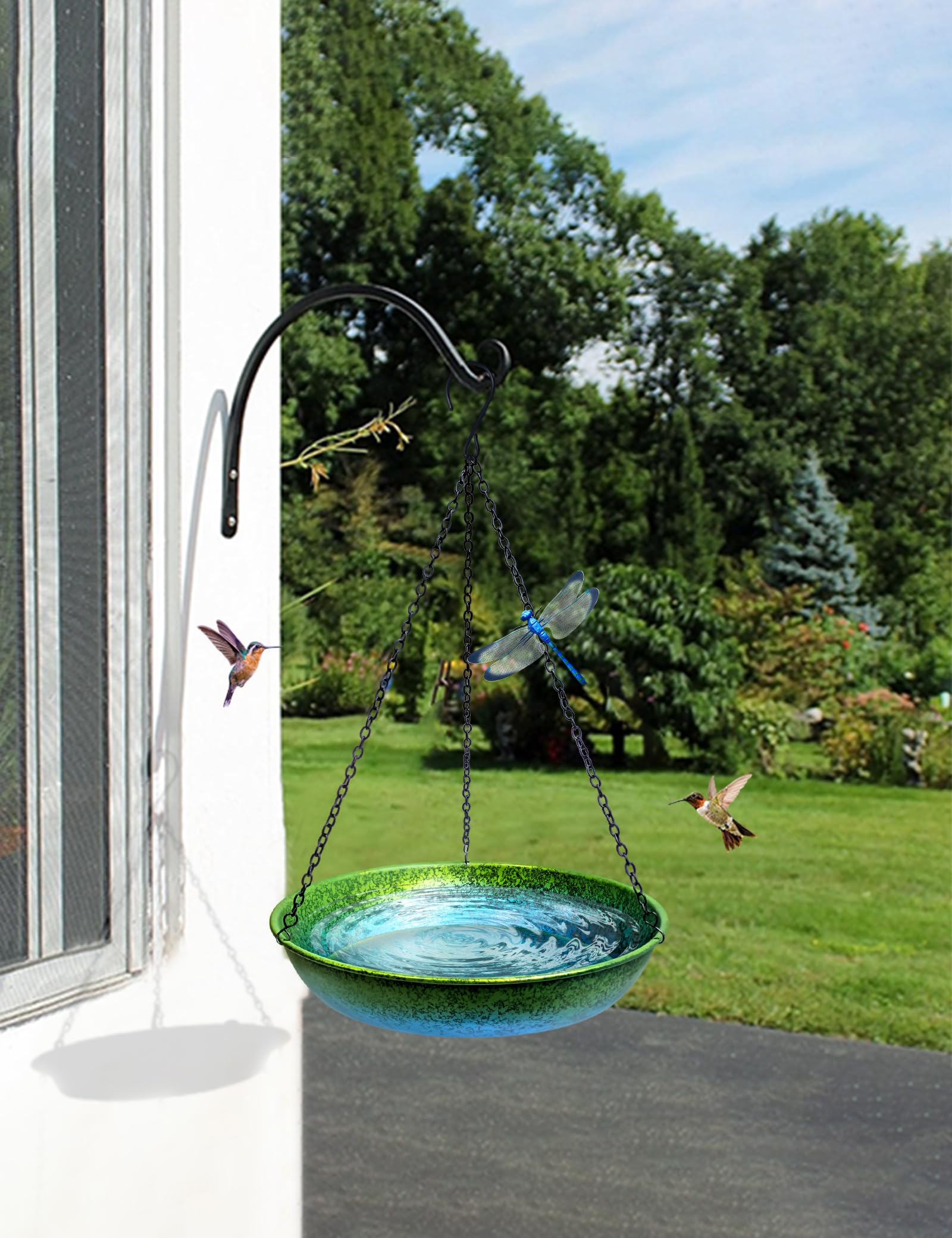 Baño colgante para pájaros para exteriores, comedero colgante de metal, comedero para pájaros, pintado a mano, degradado azul y verde, 11 pulgadas, para que los pájaros se bañen y beban para patio