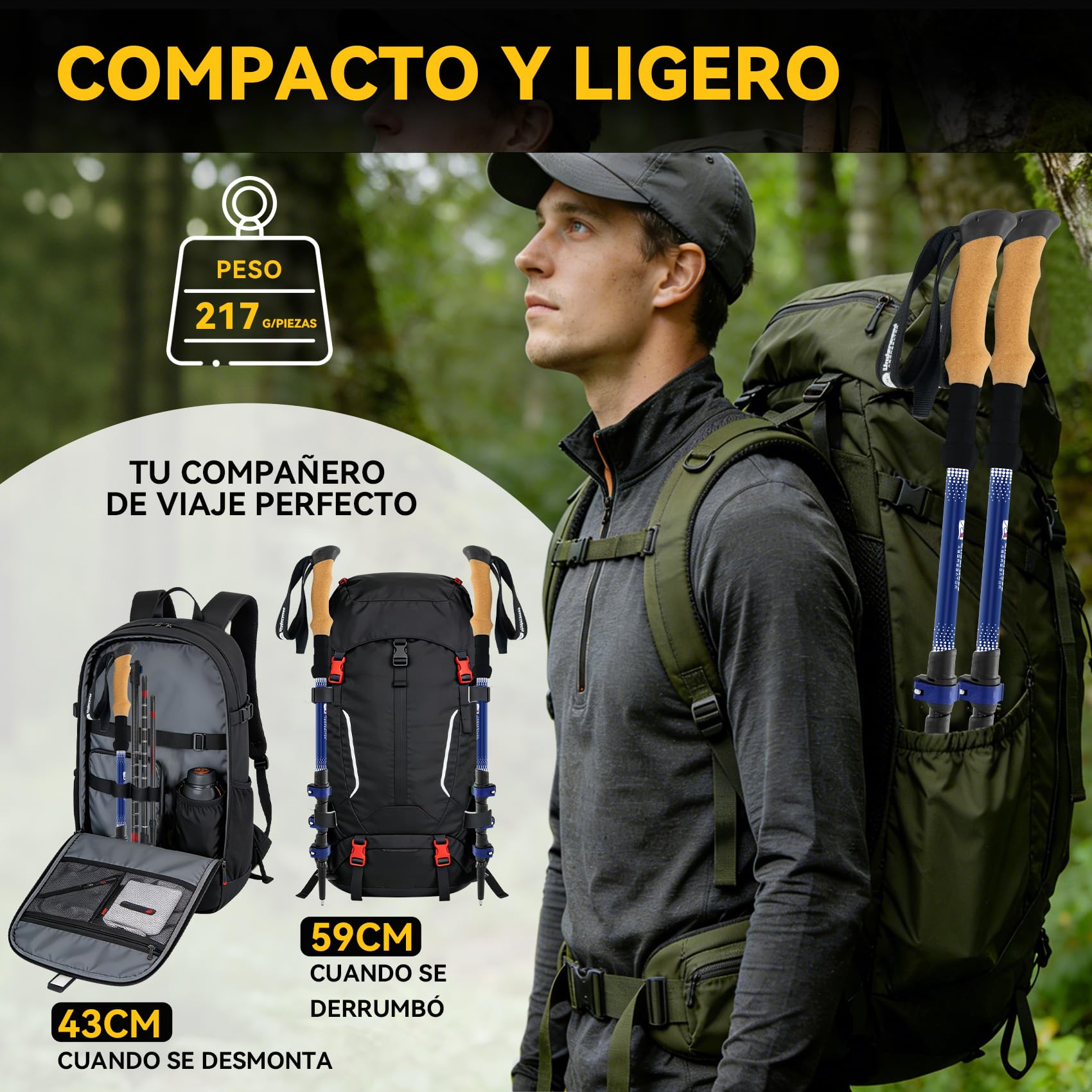 Bastones de Marcha Telescópicos Carbono 2 Stück, Ligeros 217g Mangos Corcho | Nórdicos, Amortiguación, Correas Ajustables, 4 Accesorios, para Mujer Hombre Senderismo Trail Running Viaje