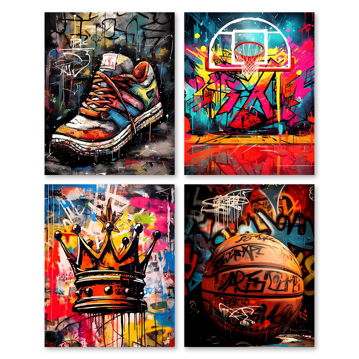 Basketball Graffiti Canvas Wall Art Prints Teen Boys Room Wall Decor,Sports Colorful Art Posters Modern Bedroom Man Cave Decorations Set of 4 (8"x10",Unframed).