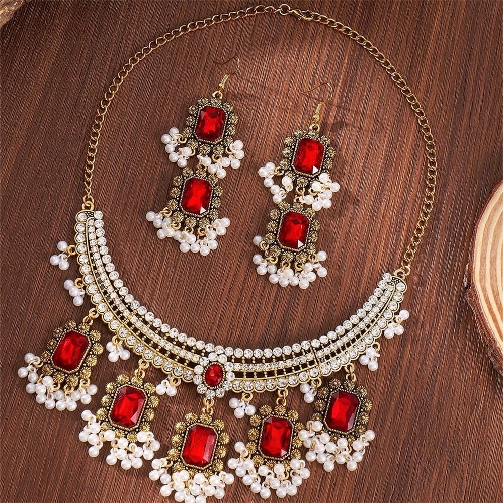 NewZenro Ethnic Rectangle CZ Beaded Tassel Dangle Drop Stud Earrings Choker Necklace Set for Women Vintage Indian Traditional Fashion Antique Bollywood Jewelry for Wedding Party - Image 3