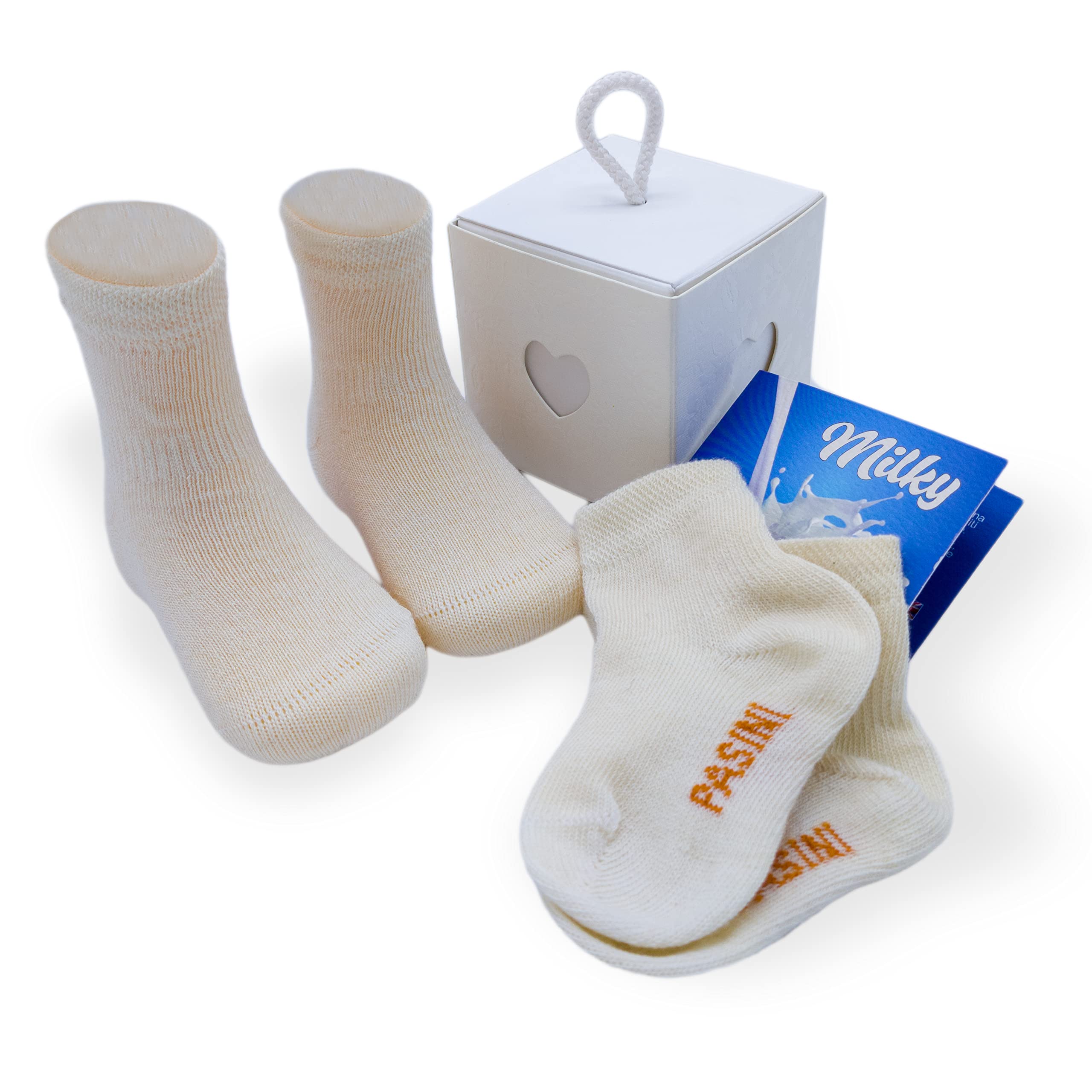 3 pares – Calcetines para bebés con fibra de leche y lana merinos- Colección MILKY – Recortados, suaves y cálidos, en caja de regalo