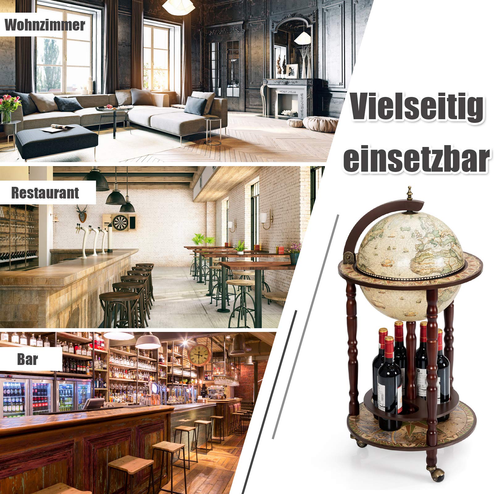 COSTWAY Mappamondo Bar con Ruote Mobili, Porta Liquori Stile Retr(Beige 45 x 45 x 88cm)