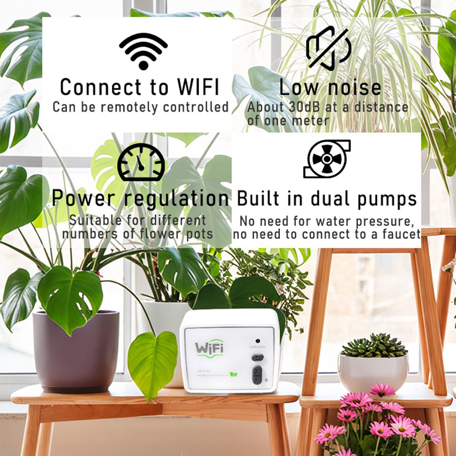 Kit di Irrigazione a Goccia Automatica WiFi, di Irrigazione a Goccia con Controllo APP a Doppia Pompa con Gocciolatori Regolabili con Timer, Tubo da 15 M per 20 Piante in (Spina europea)
