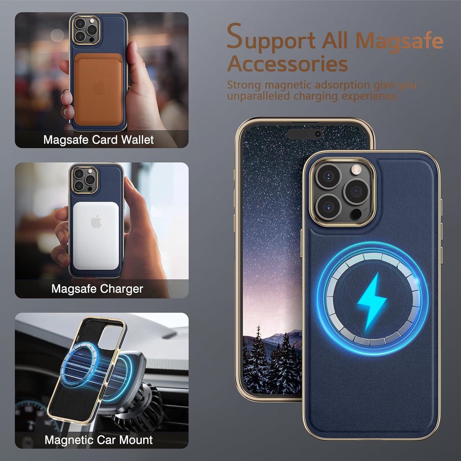 LOHASIC Magnetic Case for iPhone 16 Pro, Luxury Leather Classic Full Body Protective Cover Cases Compatible with MagSafe 6.3 inch 2024 New Released, Navy Blue - Image 3