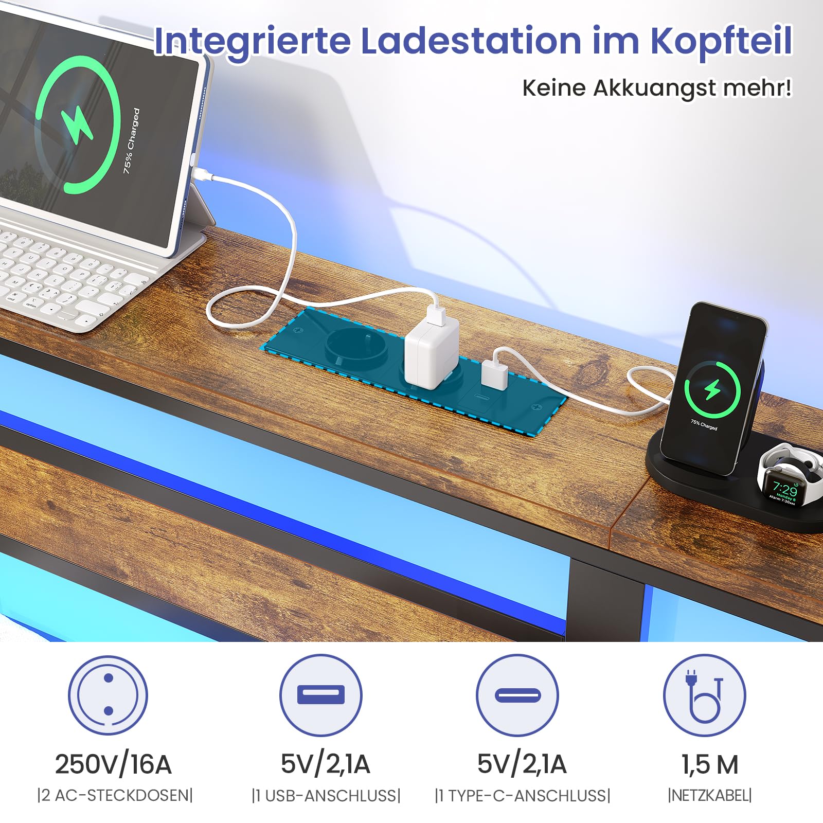 Brinlawb Bett 180x200 mit Lattenrost aus Metall, Doppelbett Bettgestell 180x200cm mit LED Beleuchtung und Ladestation (2 AC-Steckdosen, 1 USB-Anschluss und 1 Type-C-Anschluss) Metallbett mit Kopfteil