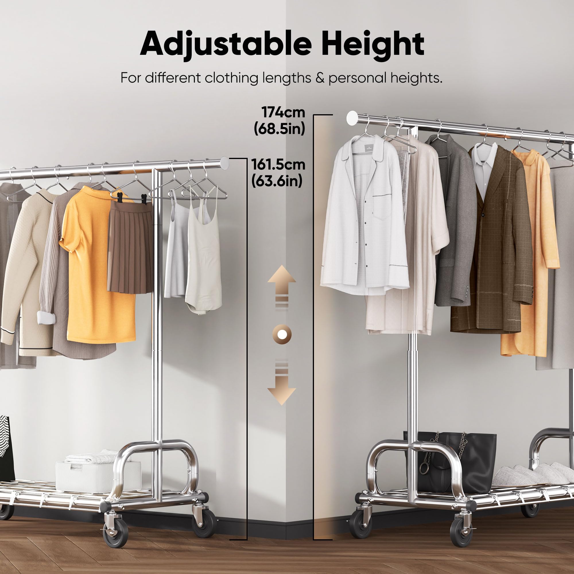 HOKEEPER Perchero resistente de 204 kg de capacidad, altura ajustable y estante extensible para colgar con ruedas bloqueables, ahorro de espacio para dormitorio, apartamento pequeño, cuarto de lavado