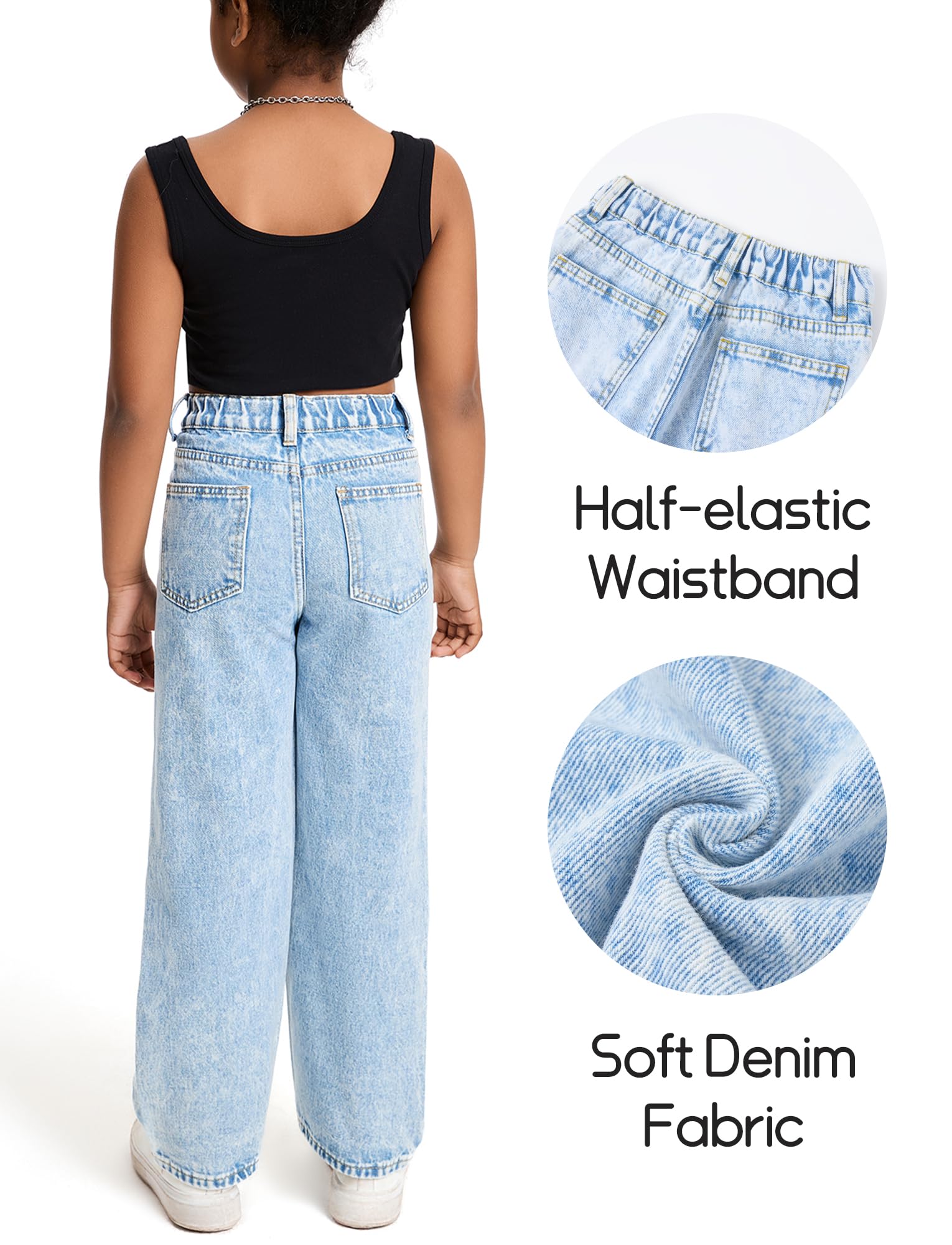 Maeau Jeans casual a gamba larga da ragazza con elastico in vita pantaloni in denim strappati larghi per bambini pantaloni in denim invecchiato vestibilità ampia