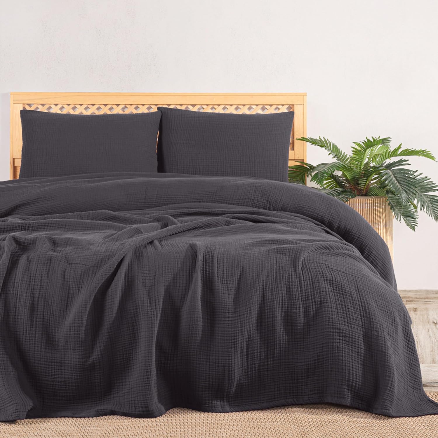 M slin Yatak  rt s  Seti  ift Ki ilik,  k D z Renk 100% Pamuk 4 Kat Muslin Yast k K l fl  Pike Tak m , Denizli  retimi Antrasit,  ift Ki ilik Set 230x250 cm