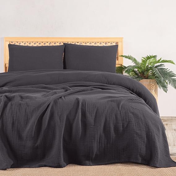 Müslin Yatak Örtüsü Seti Tek Kişilik, Şık Düz Renk 100% Pamuk 4 Kat Muslin Yastık Kılıflı Pike Takımı, Denizli Üretimi (Antrasit, Tek Kişilik Set (180x230 cm))