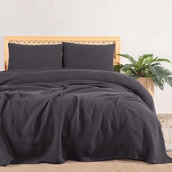 M slin Yatak  rt s  Seti  ift Ki ilik,  k D z Renk 100% Pamuk 4 Kat Muslin Yast k K l fl  Pike Tak m , Denizli  retimi Antrasit,  ift Ki ilik Set 230x250 cm