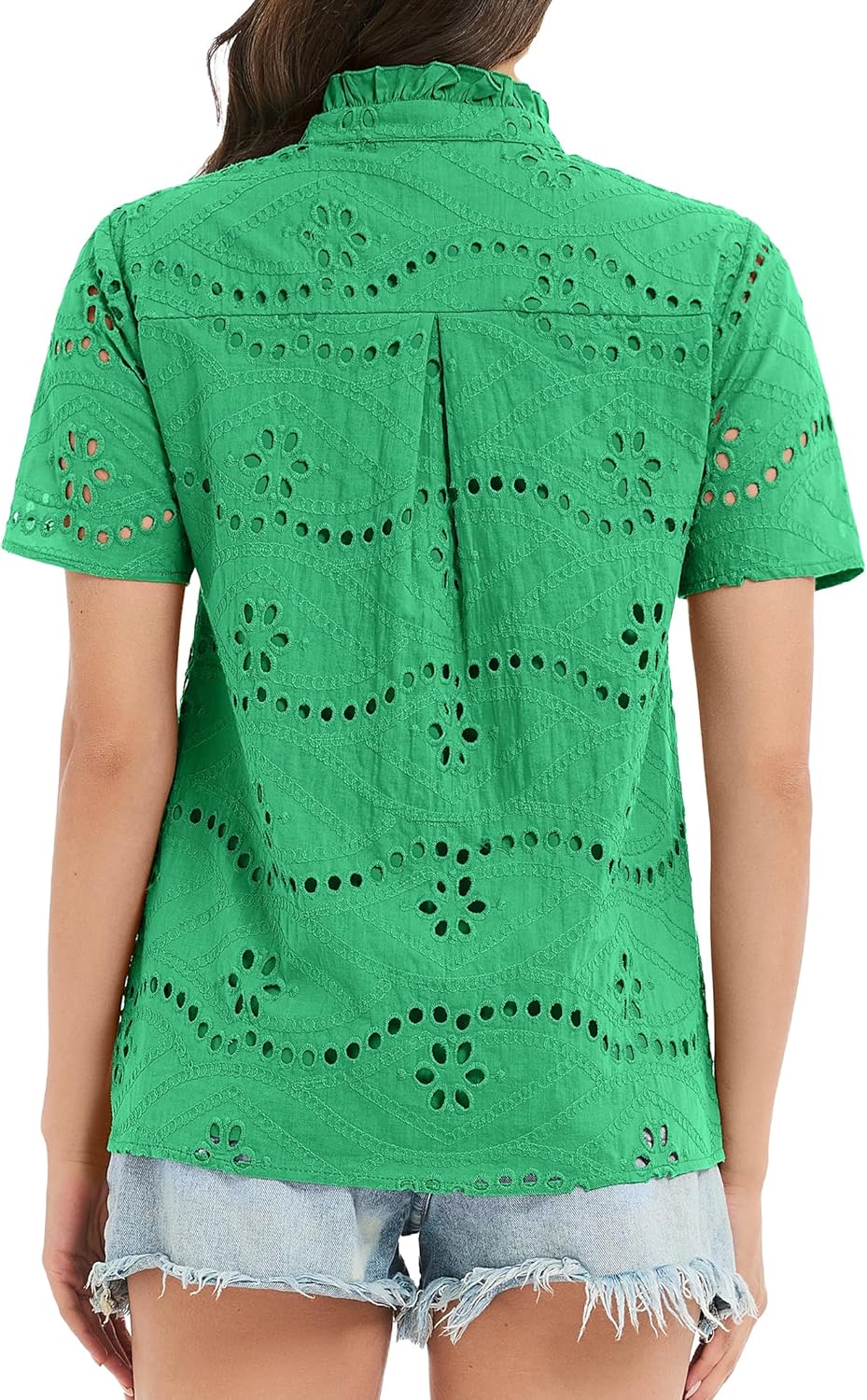 Funlingo Womens Summer Tops Dressy Casual Short Sleeve Lace Hollow Eyelet Ruffle Blouses Embroidered Button Down Shirt - Image 5