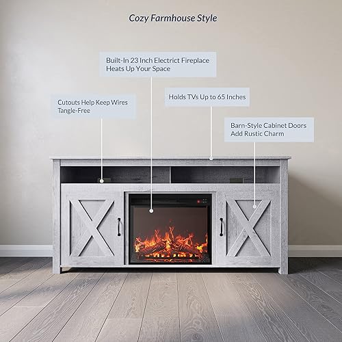 Miniatura 3 de BELLEZE - Mueble moderno con puertas de madera estilo granja y chimenea eléctrica para TV y centro de entretenimiento multimedia, para televisores