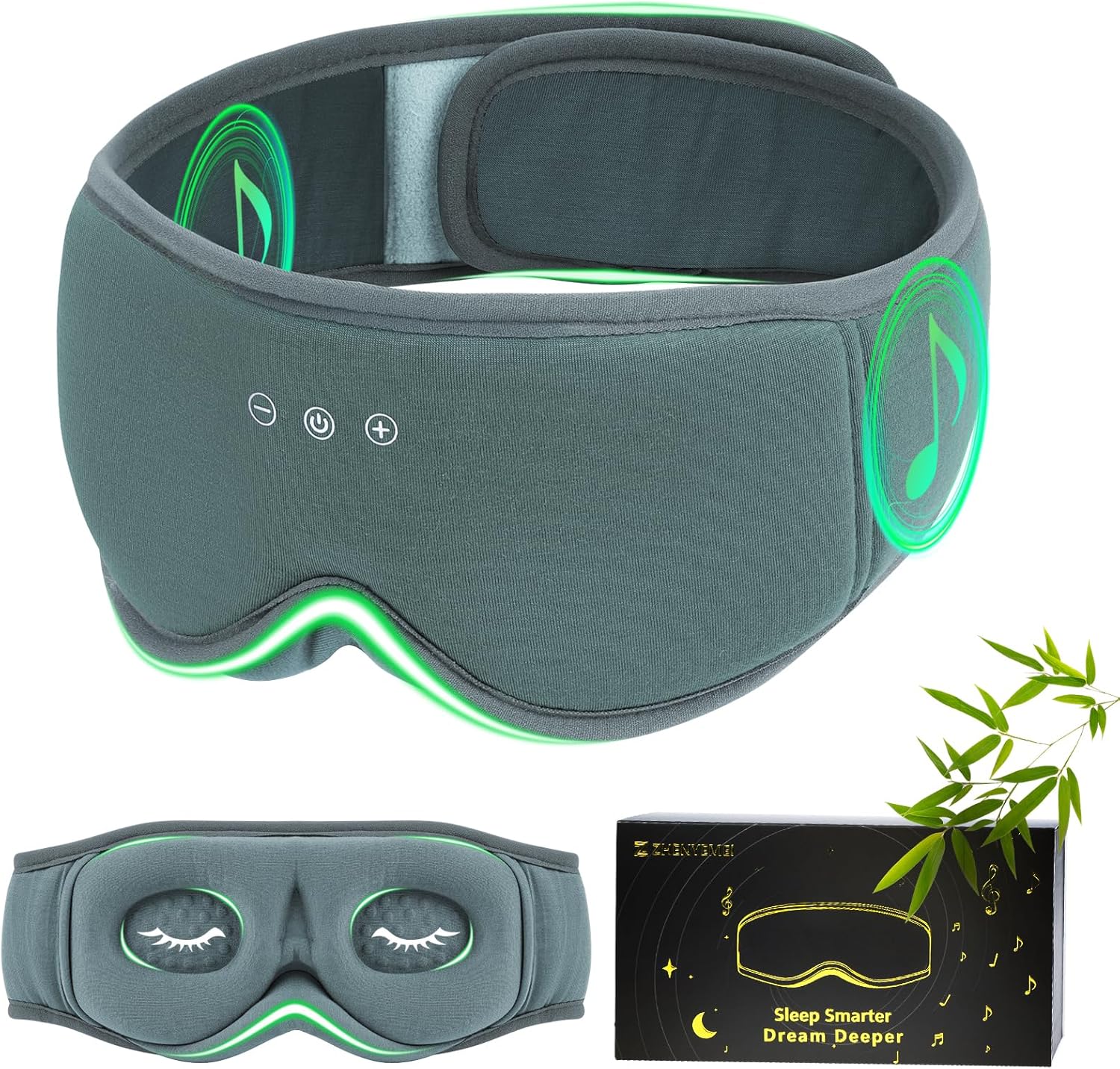 Bamboo Cotton Large Sleep Mask with Bluetooth Wireless Headphones - Blackout Eye Mask for Sleeping 3D Contoured Sleep Eye Cover Headband Ear Plugs Low Noise Hook for Men Women Better Experience (Grey)