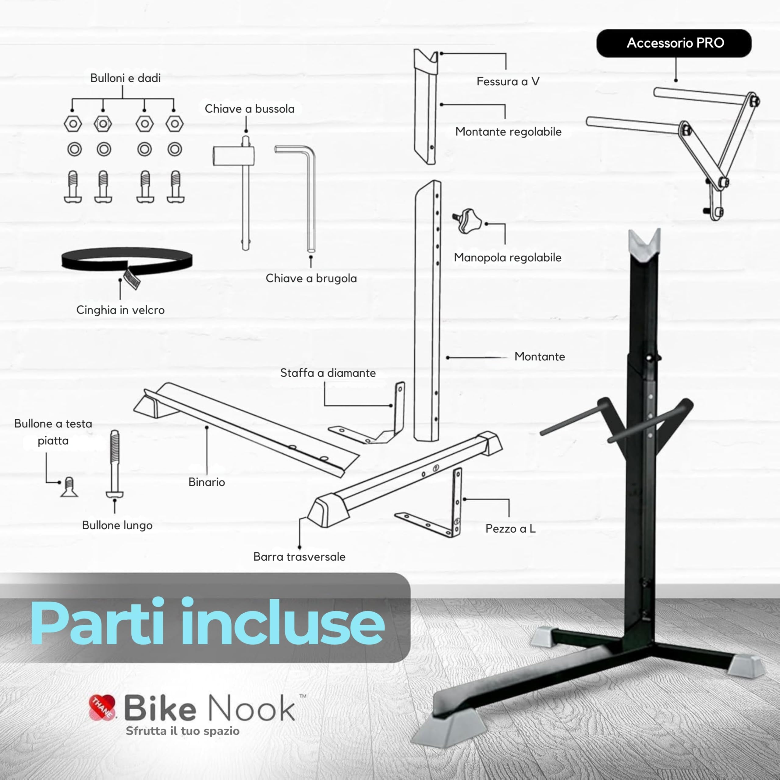 Bike Nook Pro - Supporto Verticale per Bici da Pavimento, Rastrelliera Salvaspazio per Garage e Interni, Compatibile con Parafanghi e Cestini, Nessun Foro nel Muro