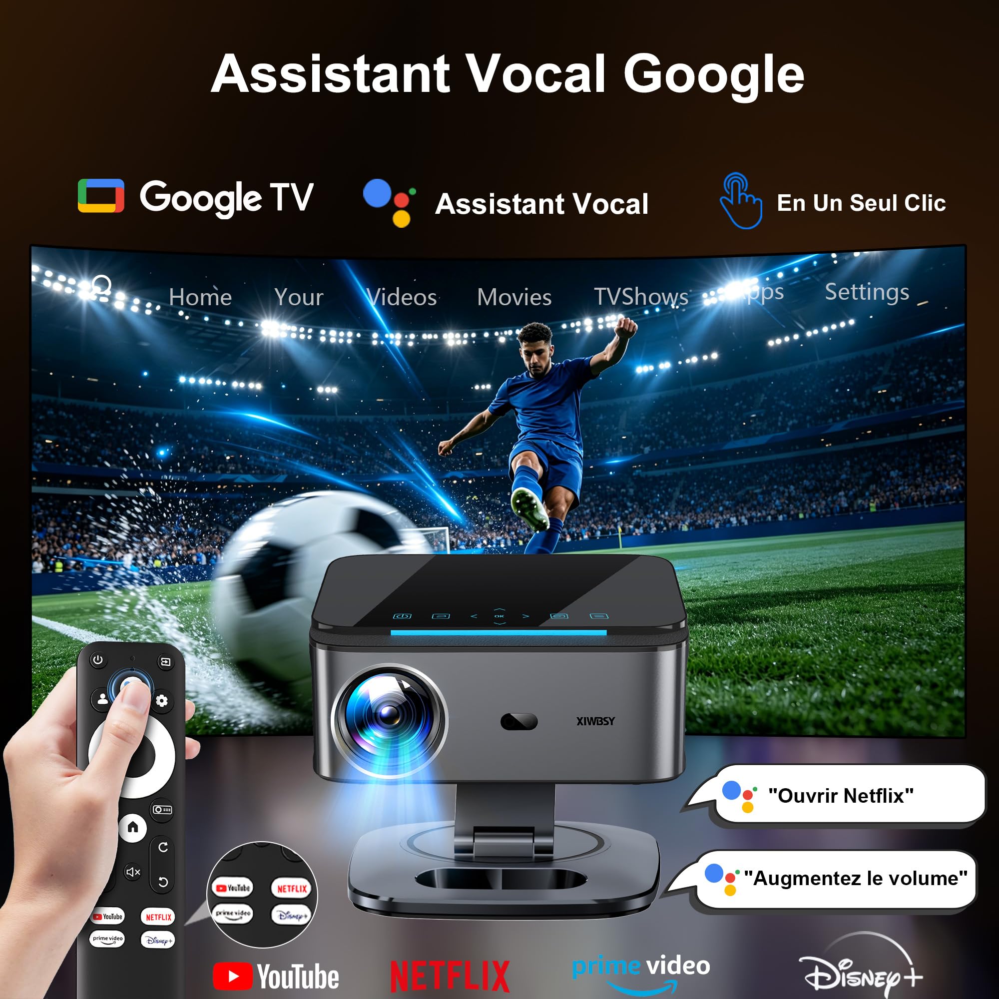 Google TV Videoprojecteur 1500 ANSI Autofokus 4K WiFi6 Official Apps | Projecteur Video 38000 Lumen FHD, Rotation 360°, Live TV, Projecteur Bluetooth Contrôle Vocal, Projector Home Cinéma