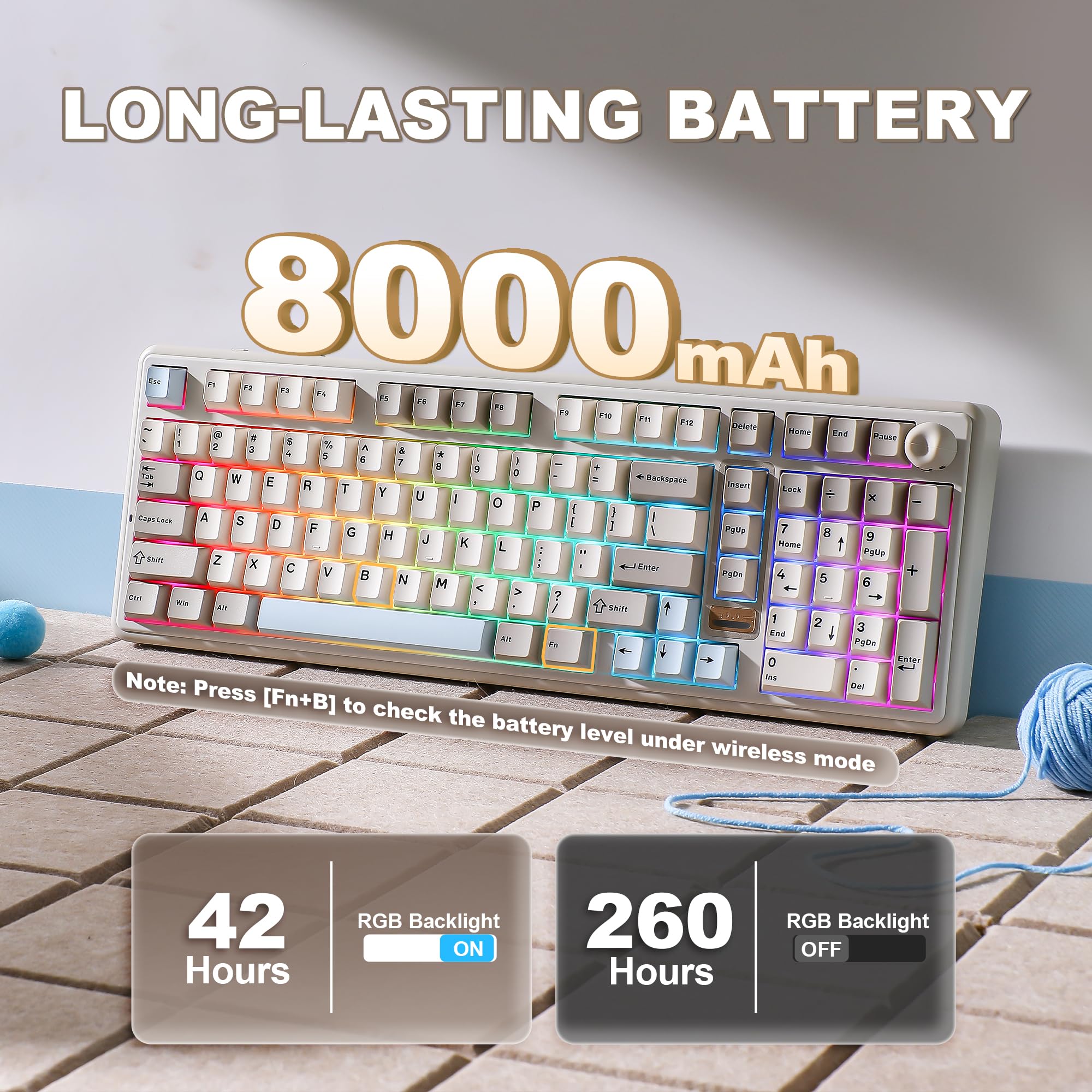 YUNZII B98 PRO QMK/VIA Wireless Mechanical Gaming Keyboard, 96% Layout with Numpad and Cute Cat Knob, BT/2.4G/USB-C, Pre-Lubed Switch Hot Swap Gasket, RGB for Win/Mac (Beige, Milk V2 Linear Switch) — view 7