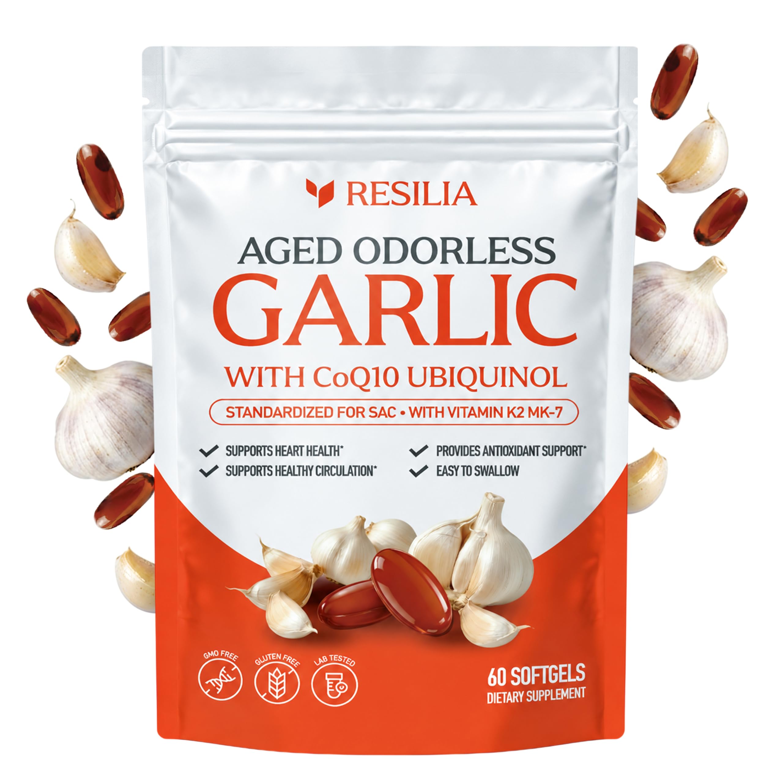 Resilia Odorless Aged Garlic Softgels (60 Count) | 1200mg Aged Garlic Per Serving | with CoQ10 Ubiquinol & Vitamin K2 (MK-7) | Dietary Supplement