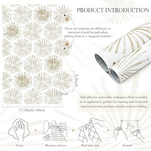 Miniatura 3 de Papel tapiz moderno autoadhesivo bohemio para despegar y pegar, papel de contacto geométrico blanco y beige, papel de pared extraíble de 17.3 x 78.8