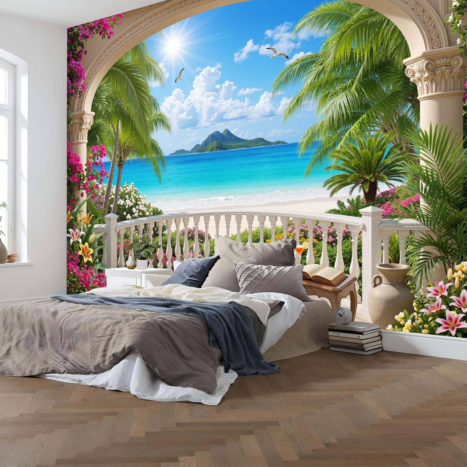 Papier Peint Panoramique Paysage Nordique En Terrasse 350X256Cm Murale Photo - Vacances Romantiques À La Plage Bleu Tapisserie Murales Papier Peint Intissé Pour Chambre Salon Fond Tv - Photo Muraux