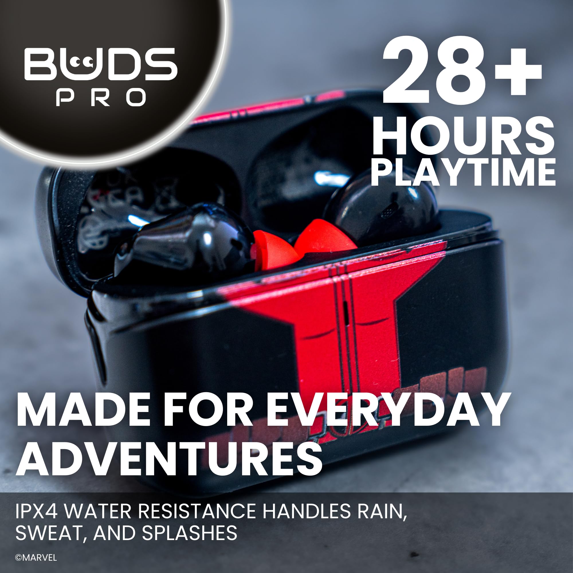 Buds Pro Marvel Deadpool Auriculares inalambricos Bluetooth y Soporte movil - Cascos inalambricos in ear con microfono, 28+ horas de reproducción, Auriculares cancelacion ruido con certificación IPX4