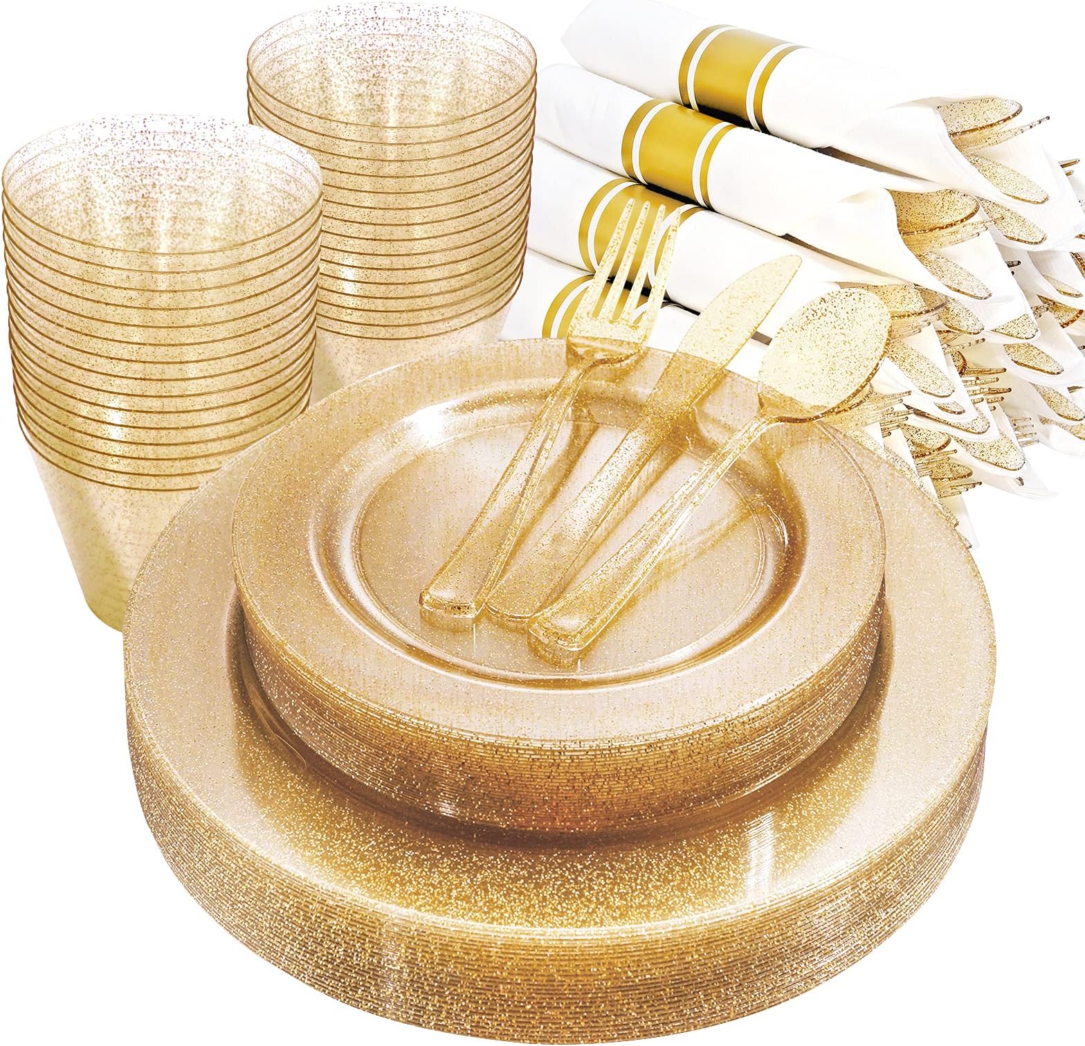 112PCS Gold Glitter Plastic Dinnerware Set