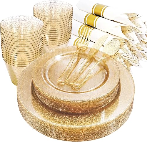 Miniatura 7 de DaYammi Juego de vajilla de plástico verde con purpurina de 150 piezas 25 platos llanos, 25 platos para pasteles, 25 cubiertos verdes, 25 tazas