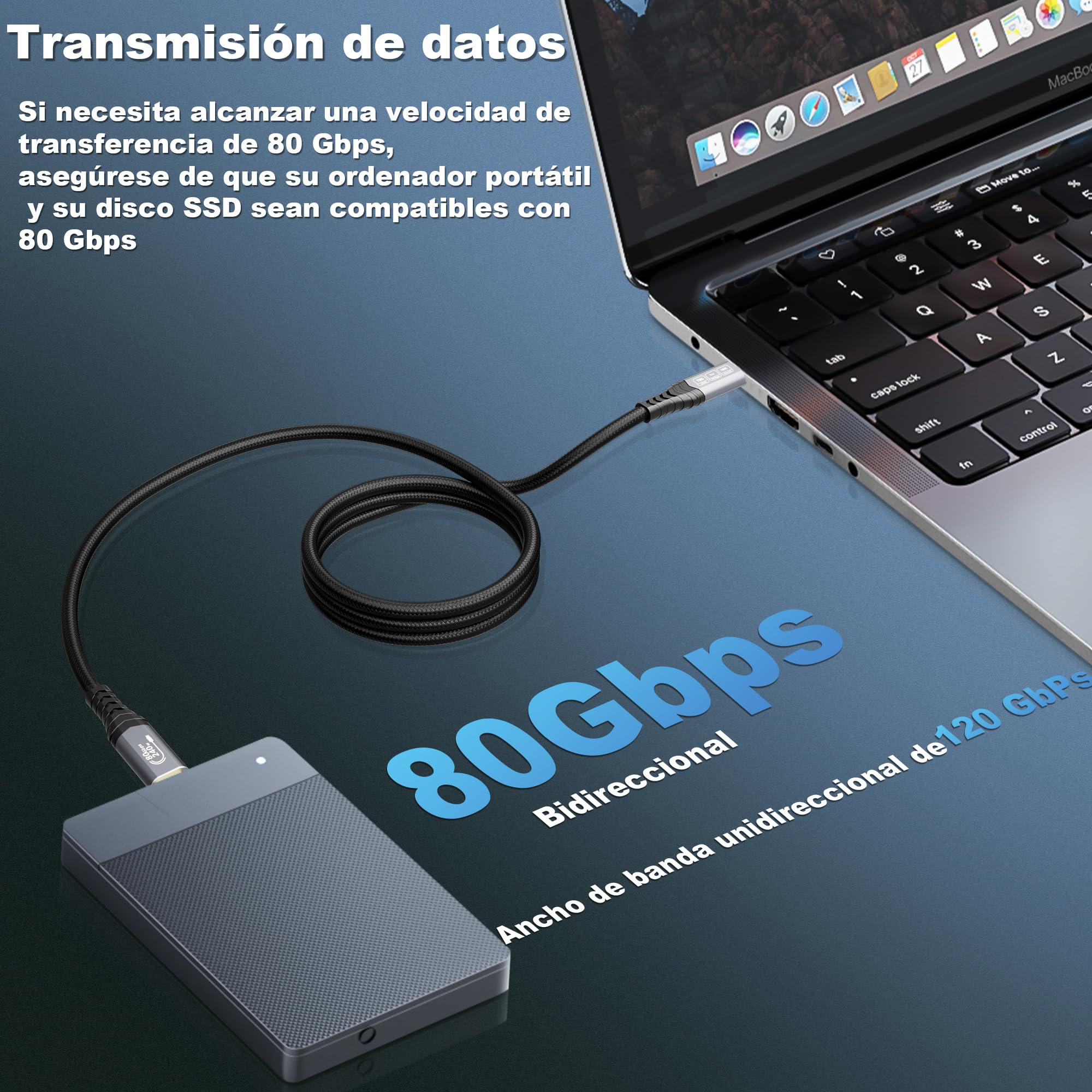 80Gbps Cable Thunderbolt 5 3m, unidireccional hasta 120Gbps, 240W,Video 16K@30Hz 8K@60Hz,compatible con Thunderbolt 4,USB 4,SSD,eGPU,Laptop, Smartphone,Display