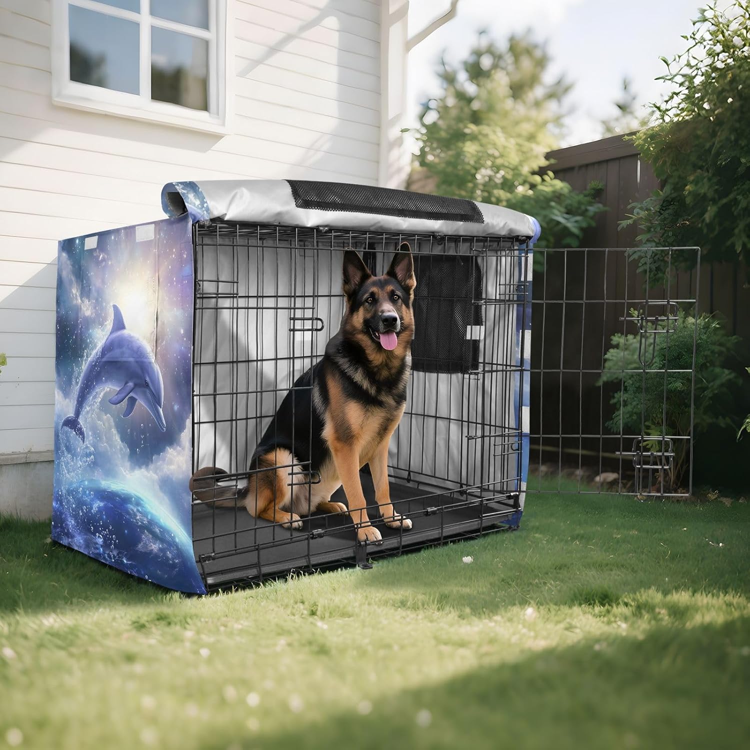 Dolphin Leaping Dog Crate Covers S-XL Washable Pet Crate Cover with Roll-up Sides, Reduces Barking, Large