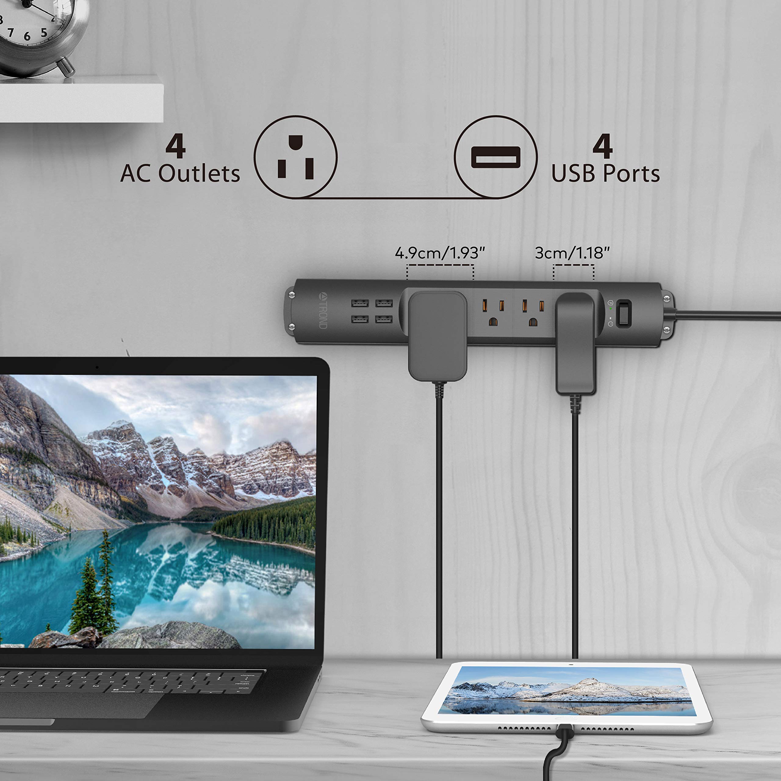 Power Strip Surge Protector USB TROND Flat Plug 6ft Long Extension