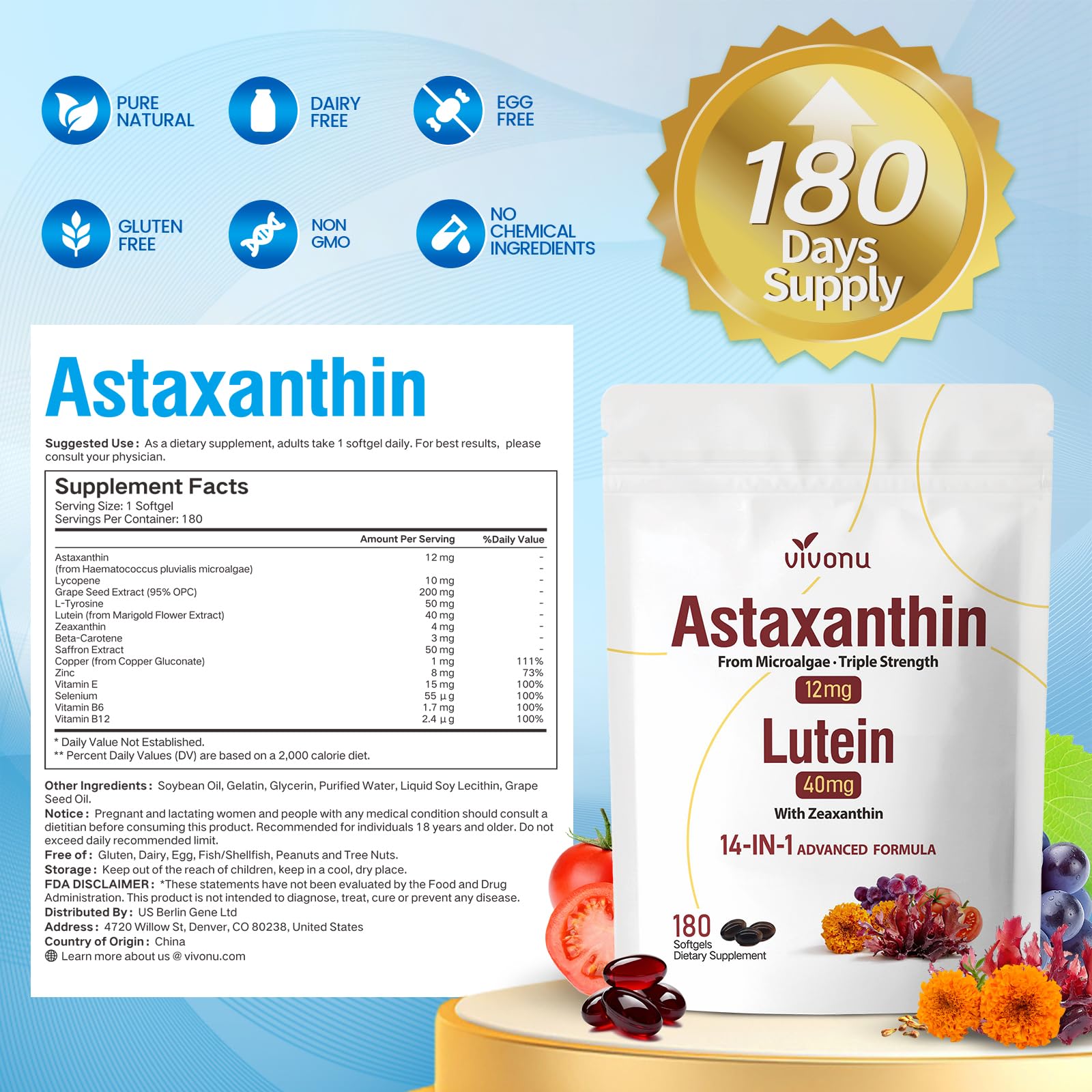 VivoNu Astaxanthin 12 mg & Lutein 40 mg – 6-Monats-Vorrat - Beta Carotin, Zeaxanthin - aus frischer Mikroalgenquelle, unterstützt Augen, Haut, Gelenk antioxidativer Schutz, 180 Weichkapseln