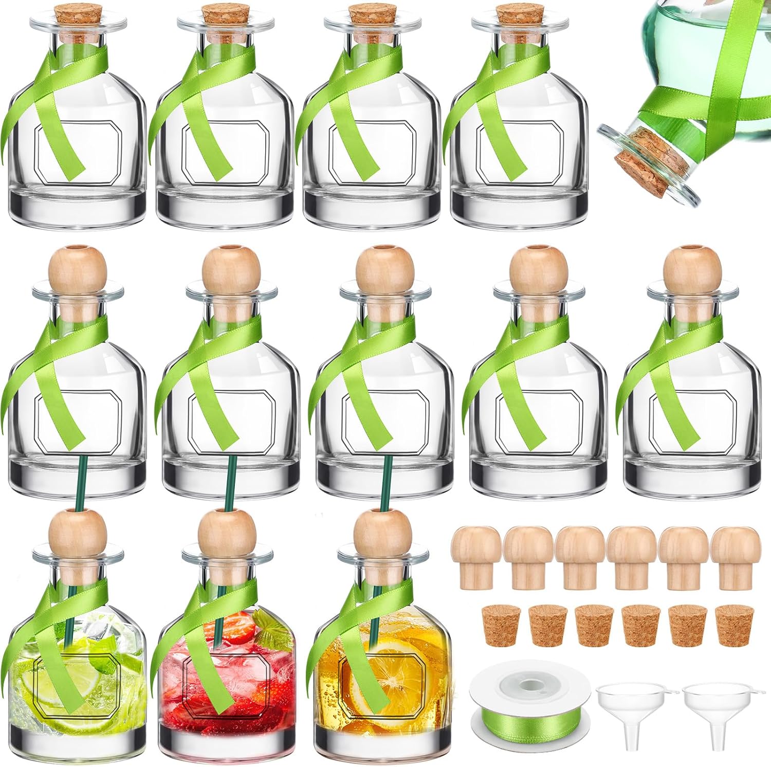 Hushee 12 Pcs 5oz/ 150ml Empty Patron Bottles with Straw Mini Tequila Bottles for Drinks Reusable Shot Glass Cups with Green Ribbon for Wedding Party Favor Personalized Decoration