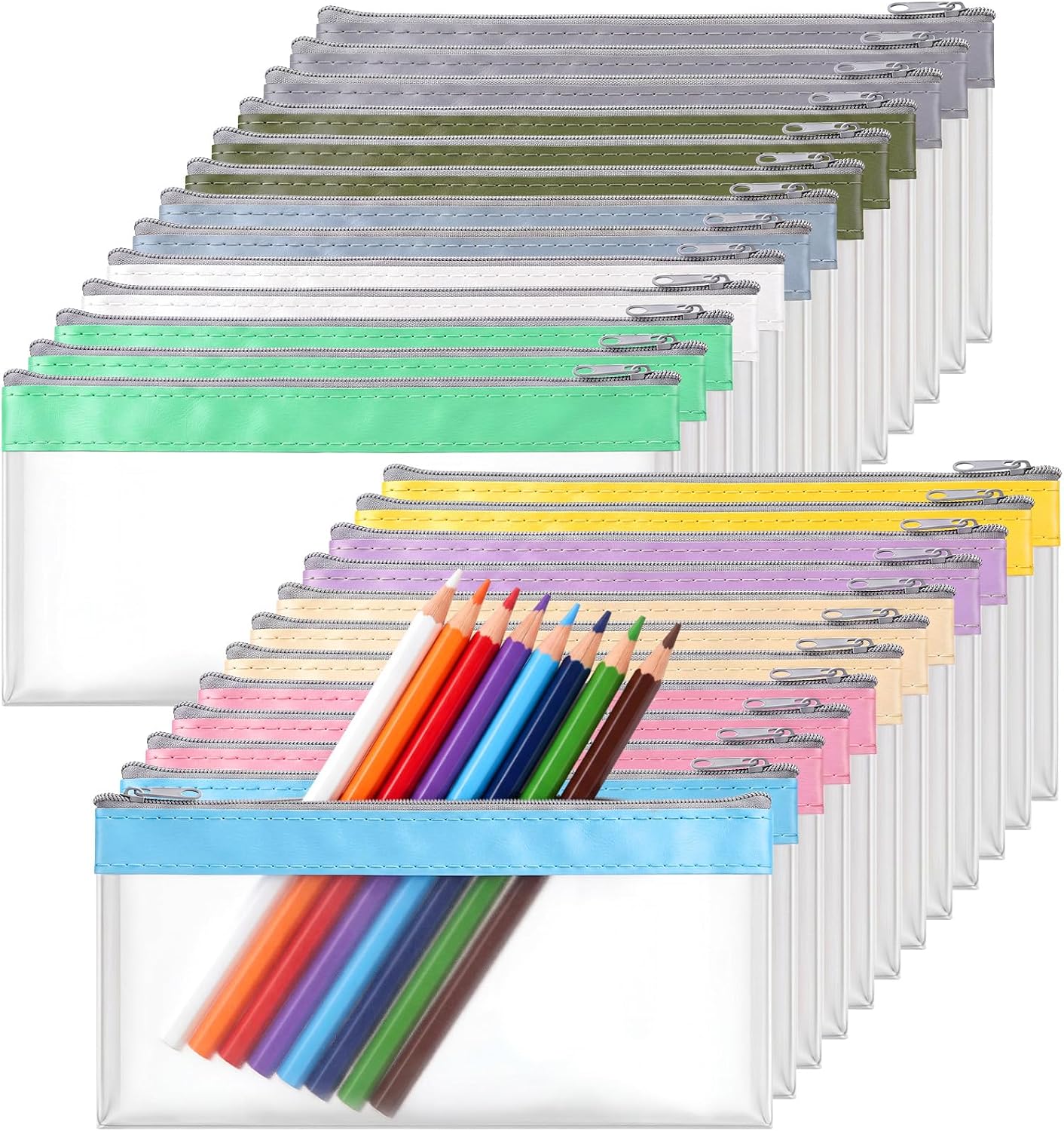 25 Pack Clear Pencil Pouch 7.3" x 3.9" Durable PVC Material Waterproof Colorful Pencil Case with Zipper Multifunctional Transparent Stationery Bag for Office Travel Supplies