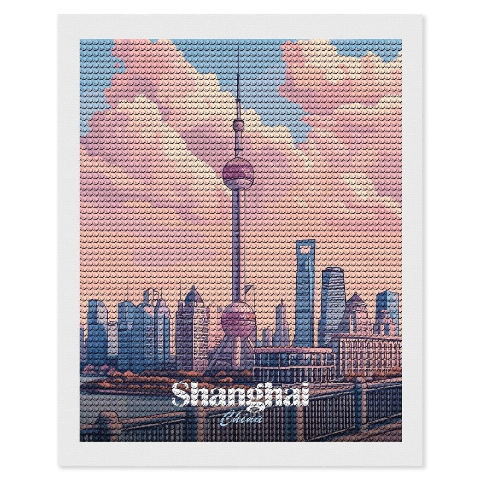 Junmoney Shanghai Skyline Illustration Diamond Painting Canvas Set 16"x20", for Women, Pleasing Wall Art Project, Aesthetic Room Decor, Gift Idea