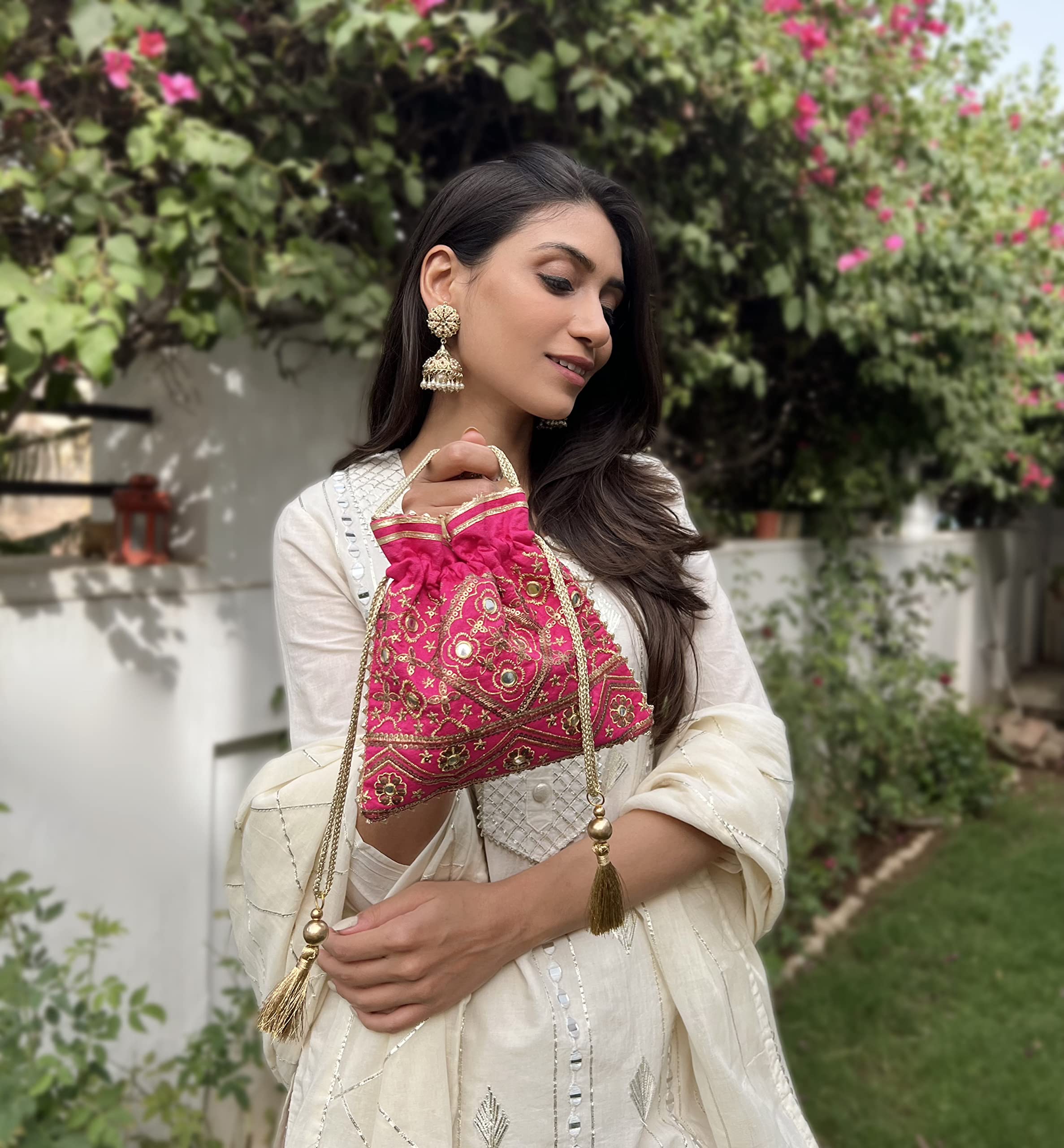 MASQ Women's By Q-One Embroidered Silk Potli Bags - Handcrafted For Weddings, Festive Season & Special Occasions With Beads And Sequins - Made In India, Pink 1