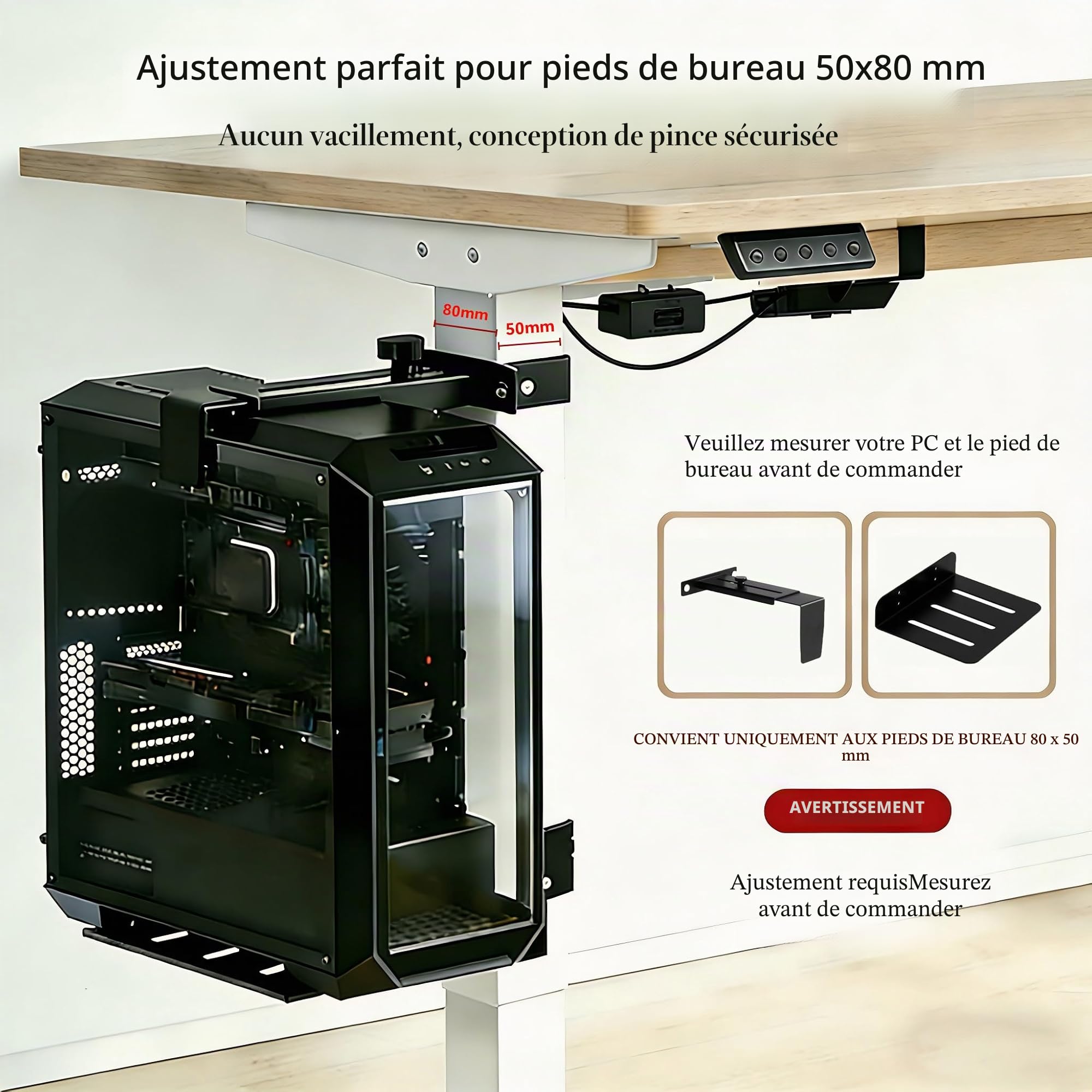 Mihawk Support PC réglable sous le bureau Sans perçage Support CPU pour bureaux réglables en hauteur Charge max 18 kg (40 lbs) Pour pieds de bureau 50 × 80 mm (blanc)