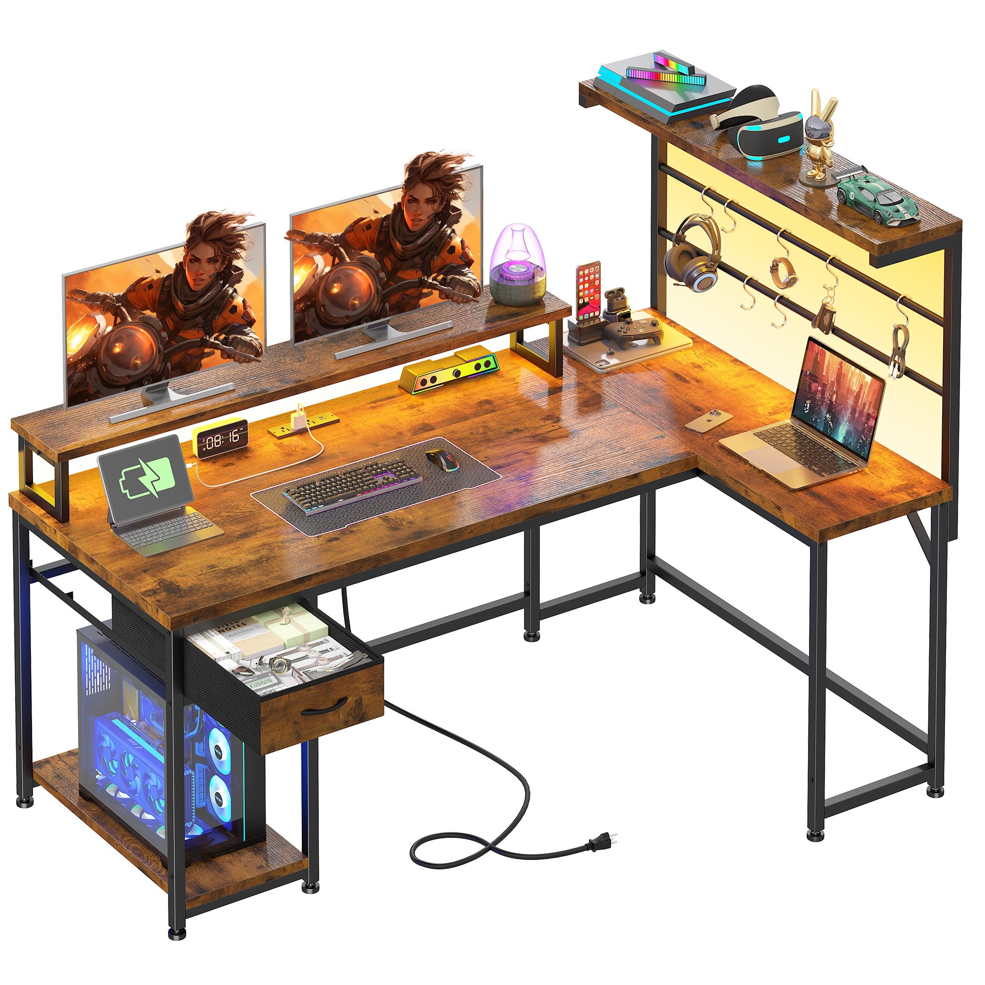EnHomee 53 Inch Computer Desk with Power Outlet,Gaming Desk with LED Light,Reversible Office Desk with Hutch & Monitor Stand, L Shaped Corner Desk