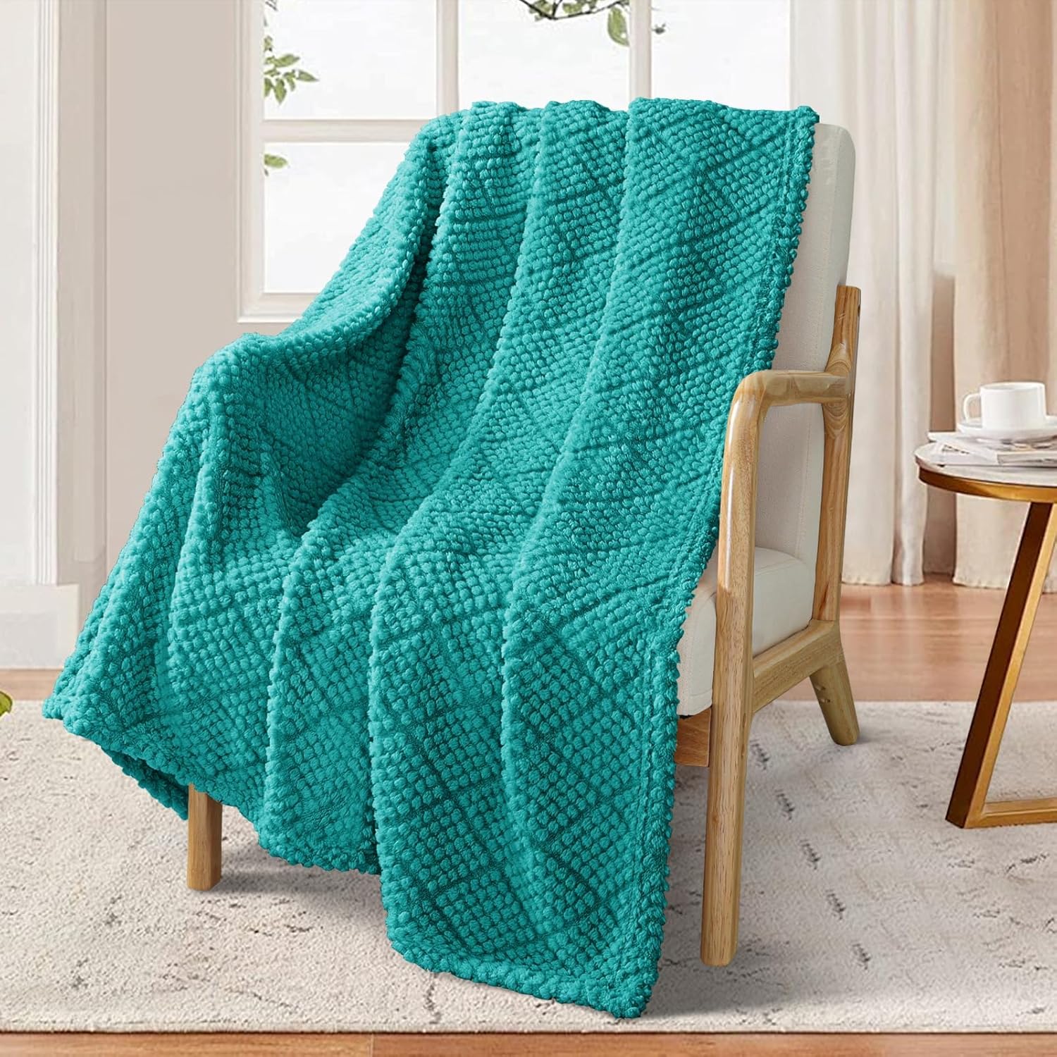 Whale Flotilla Fuzzy Fleece Throw Blanket for Couch, Bed, Soft Fluffy Jacquard Waffle Blankets for All Season, Lightweight and Warm, 50x60 Inch, Teal - Image 4