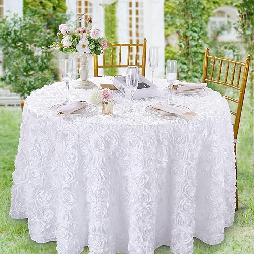 Miniatura 2 de QueenDream Mantel redondo blanco con roseta de boda de 60 pulgadas para mesa de novia, baby shower, fiestas, decoración de mesa de comedor