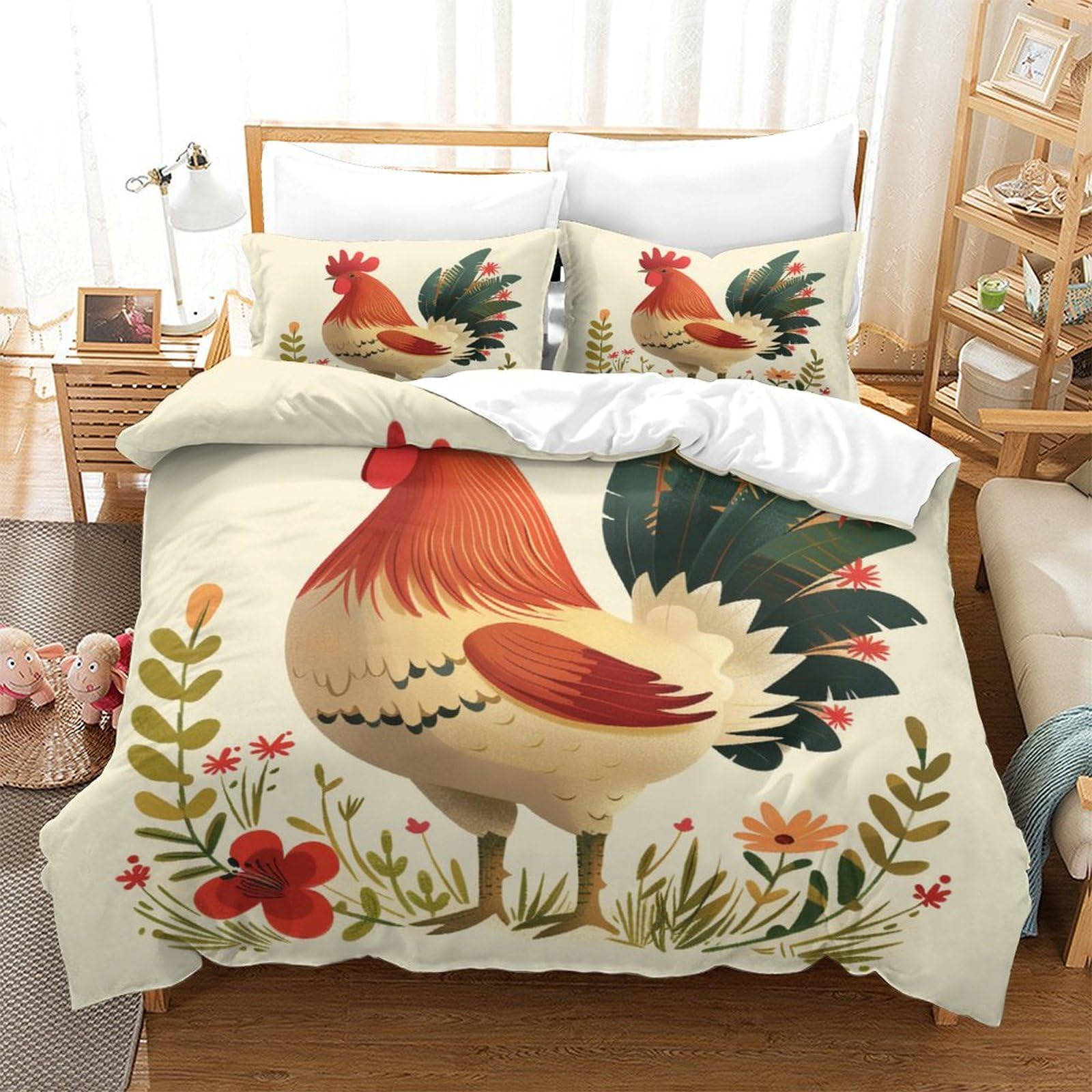 P1s9u7w5y Gallic Rooster-5 Floral Rooster 3D Printed Microfiber Duvet Cover Set 3Pcs Farm Animal Bedding Set King（220X240cm）