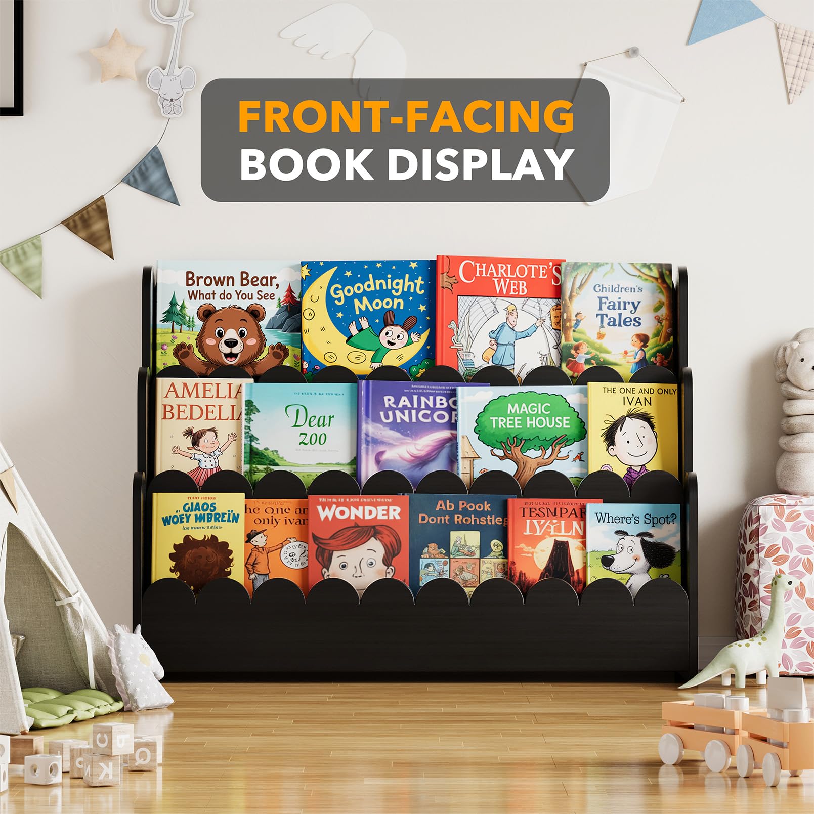 SpaceAid 3-stöckiges Montessori-Bücherregal, gewelltes Holz-Bücherregal für Kleinkinder, Organizer, Präsentationsmöbel für Kinderzimmer, Spielzimmer, Klassenzimmer, 93,2 cm breit, Schwarz