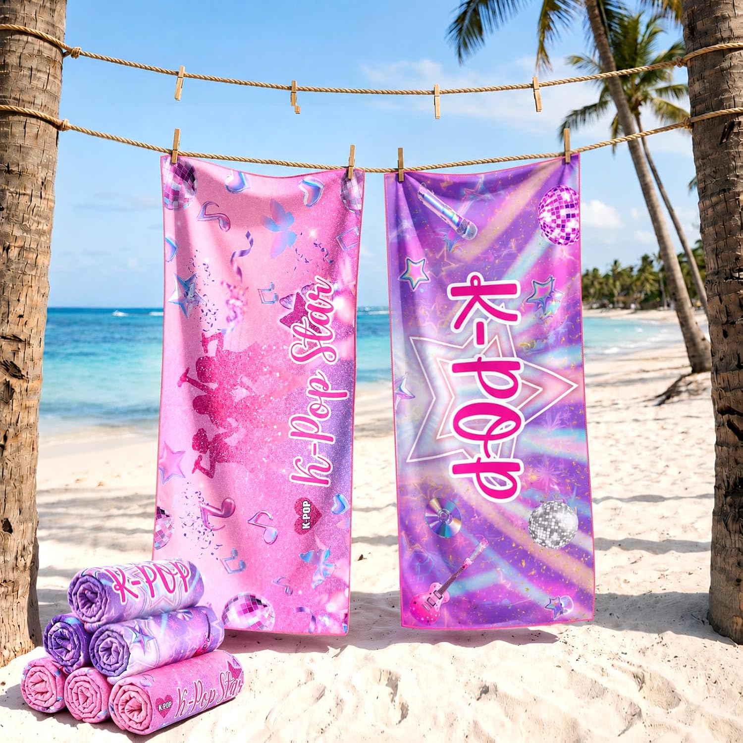 Frienda 6 Pack Kpop Beach Towel Purple Fast Drying Towel for Adult Women Men Chair Cover Accessories Kpop Party Favors Disco Sparkling Music Party Fans Birthday Bachelorette Gifts, 30 x 60 Inches image 4
