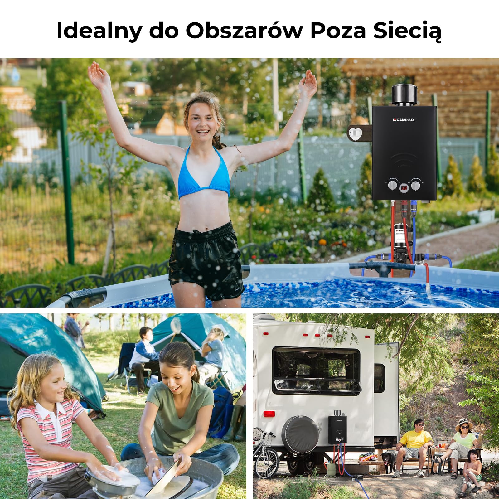CAMPLUX BW158BCP60-DE bezzbiornikowy bezzbiornikowy podgrzewacz przepływowy 50 mbar, LPG z pompą wodną 12 V i osłoną przeciwdeszczową, na prysznic kempingowy/wycieczkę do kampera/konia myjącego