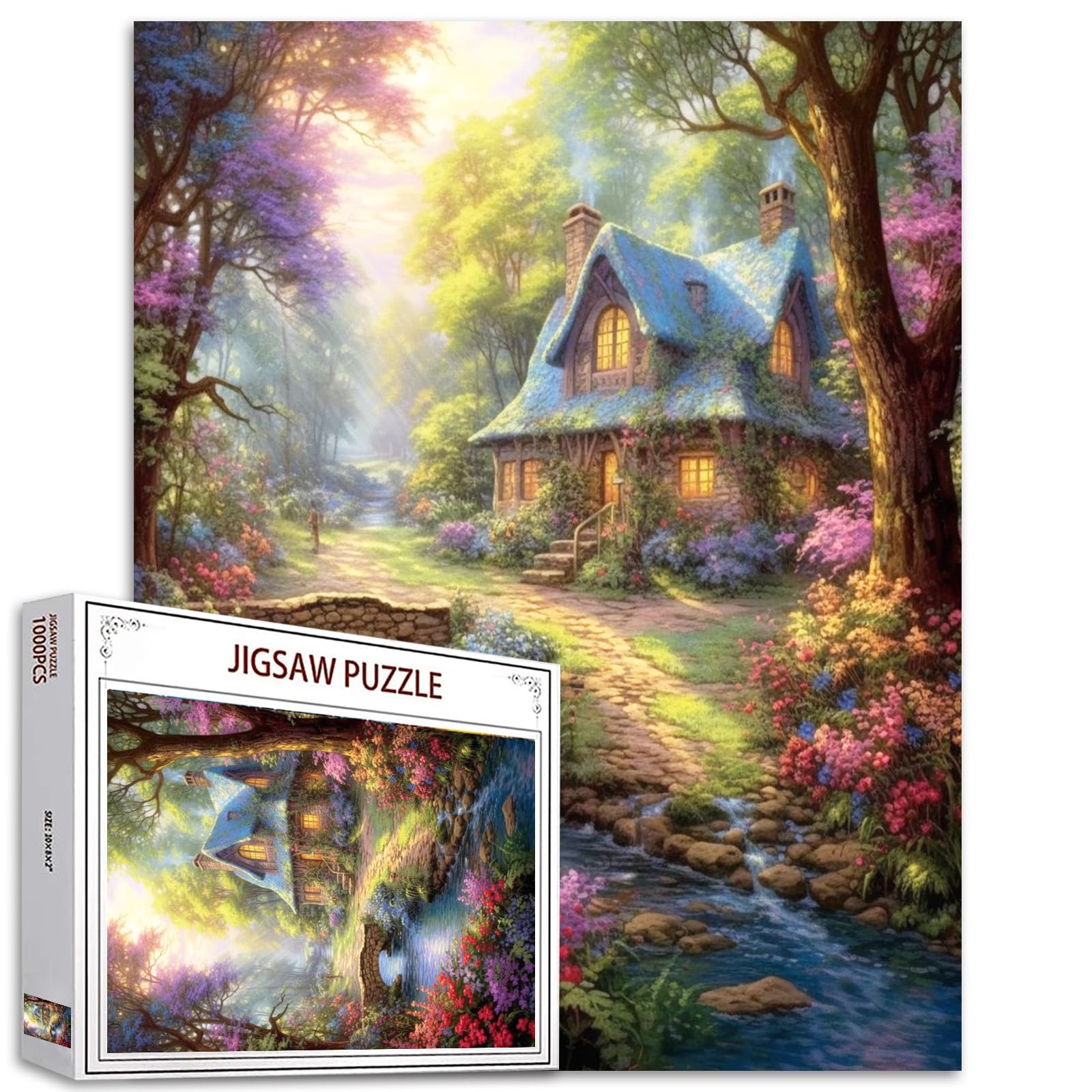 Tucocoo 1000 Piece Jigsaw Puzzles for Adults Flowers House Painting Jigsaw Puzzle Stream Forest Tree 1000 Pieces Puzzles for Challenging Family Activity Game Landscape Art Wall Decor DIY Puzzle Gifts — image 1