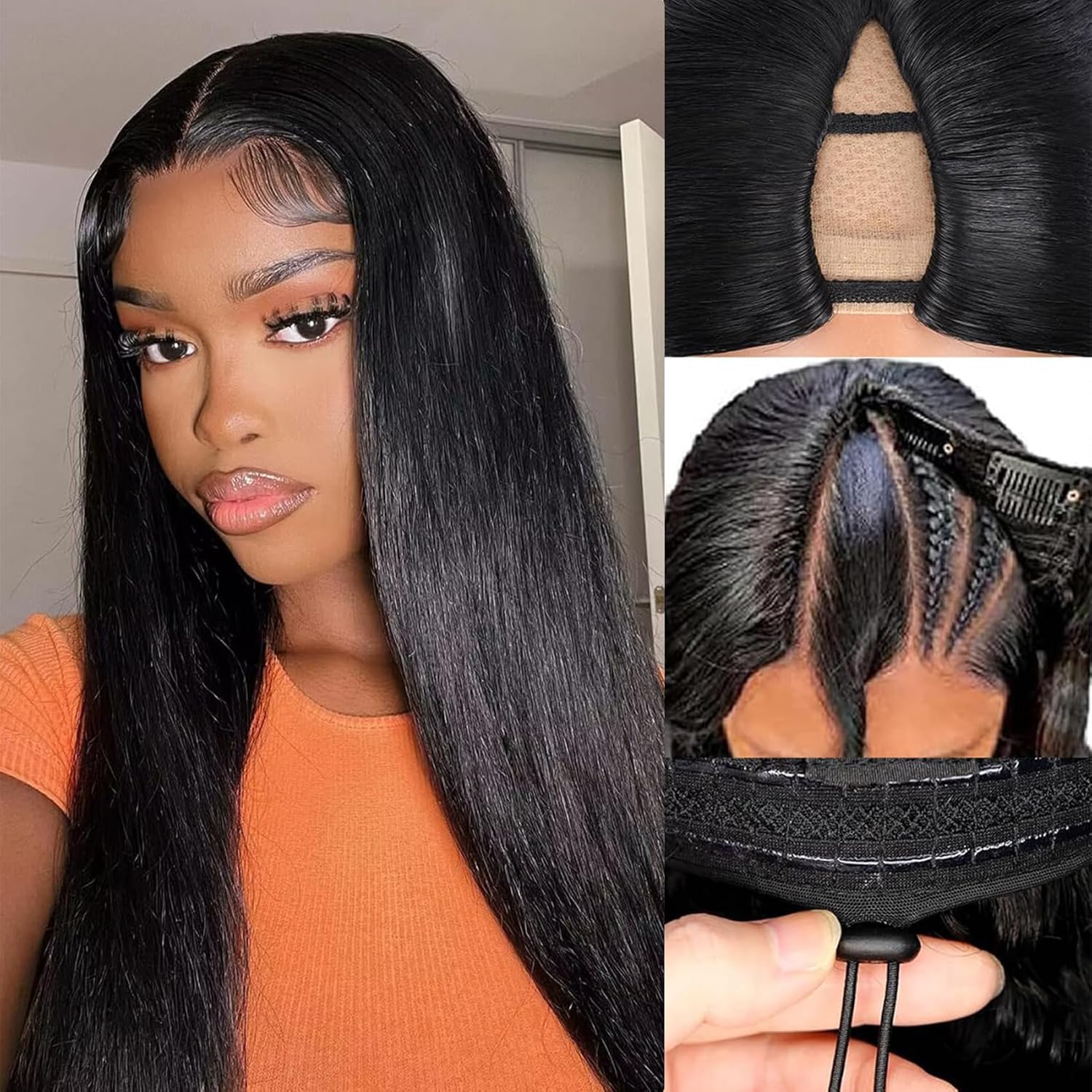 V Part Wig Human Hair Kinky Straight Vpart Human Hair Wig 16 Inch Upgrade U Part Wig Yaki Straight Clip in Half Wigs for Black Women Glueless No Leave Out 180% Density Natural Color