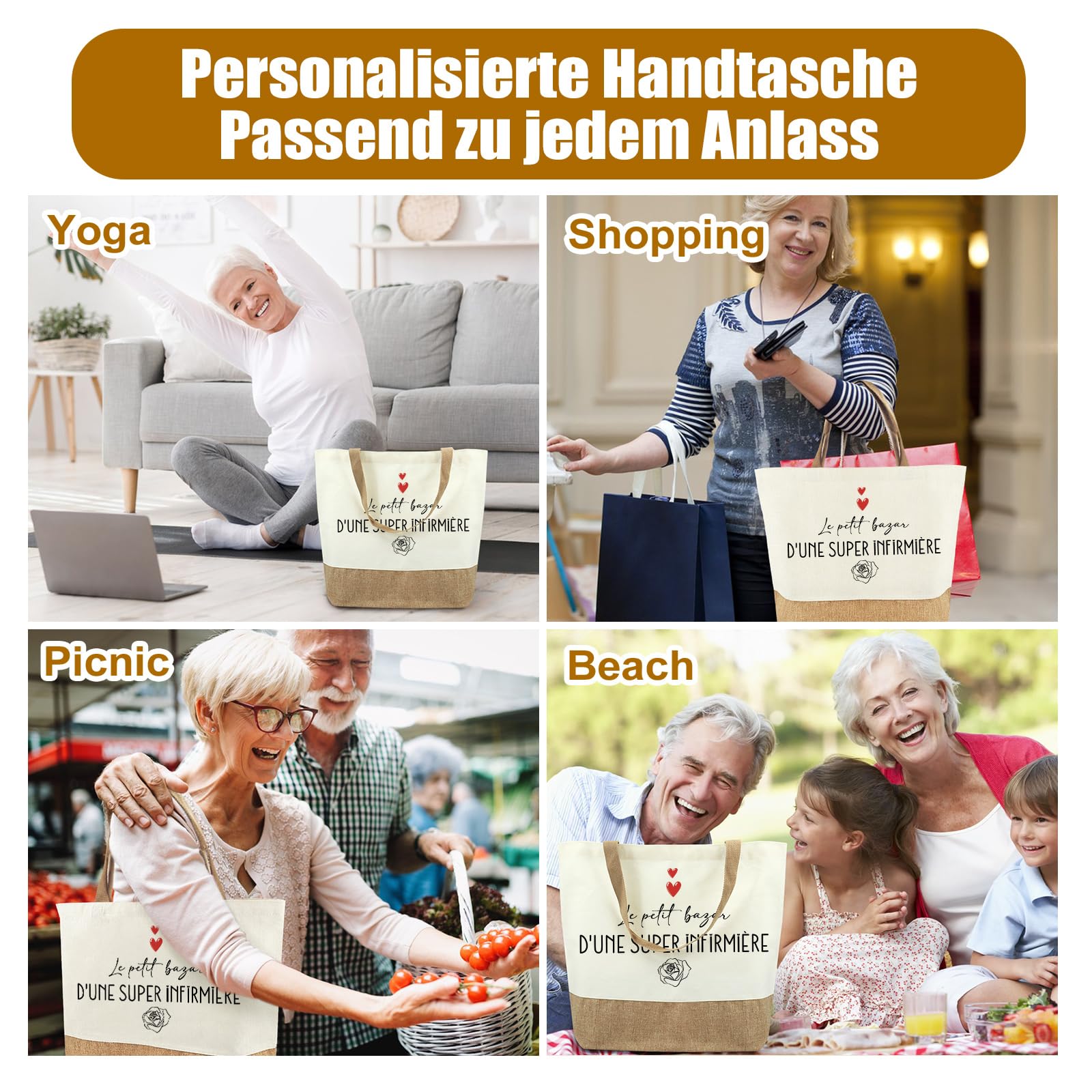 Sac Jute Tote Bag Femme Cadeau Infirmière Cabas Plage Courses Coton Jute