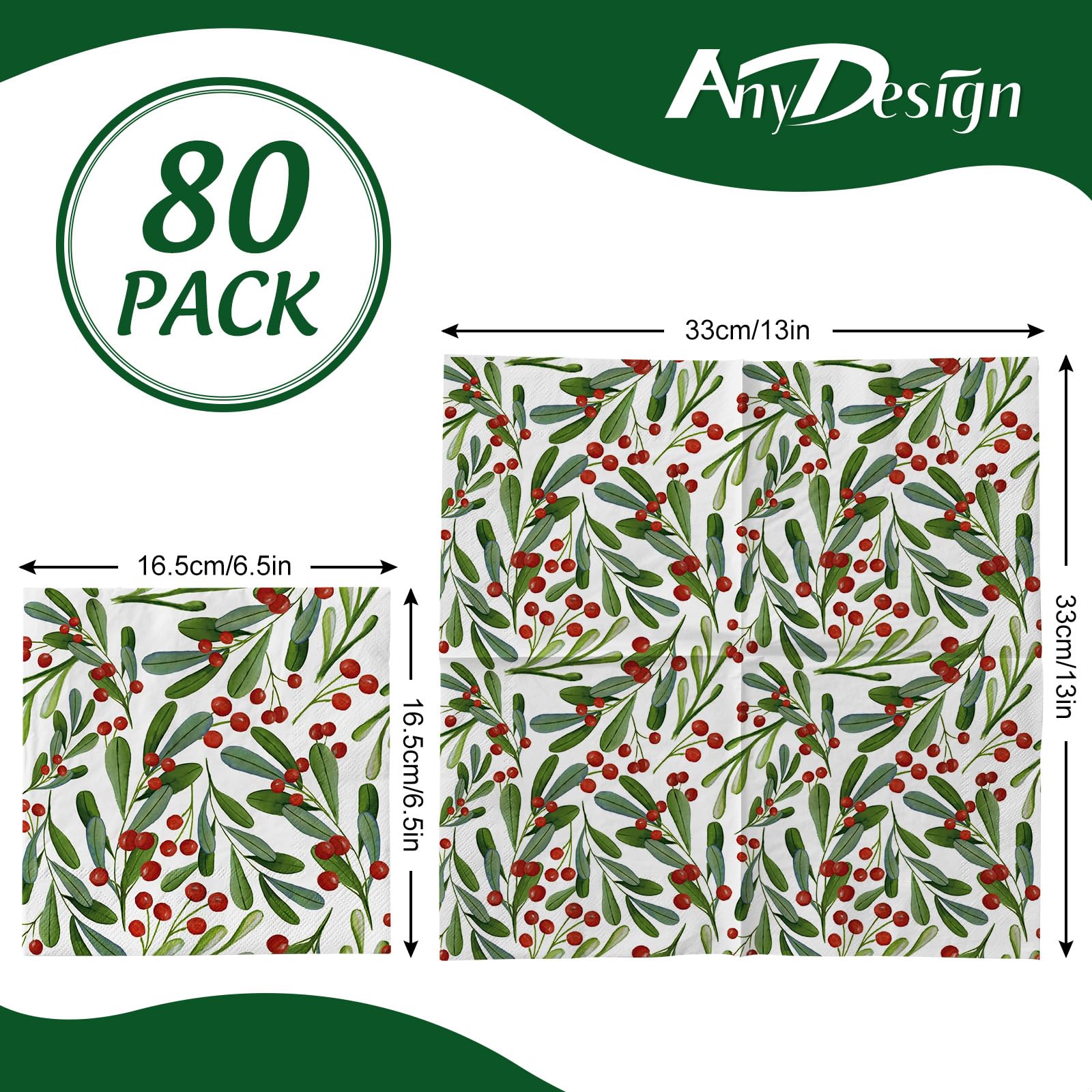 AnyDesign 80 Pack Christmas Paper Napkins Disposable Watercolor Holly Leaves Berries Napkins Xmas Decorative Dessert Dinner Hand Napkin for Christmas Winter Holiday Party Supplies, 6.5 x 6.5 Inch