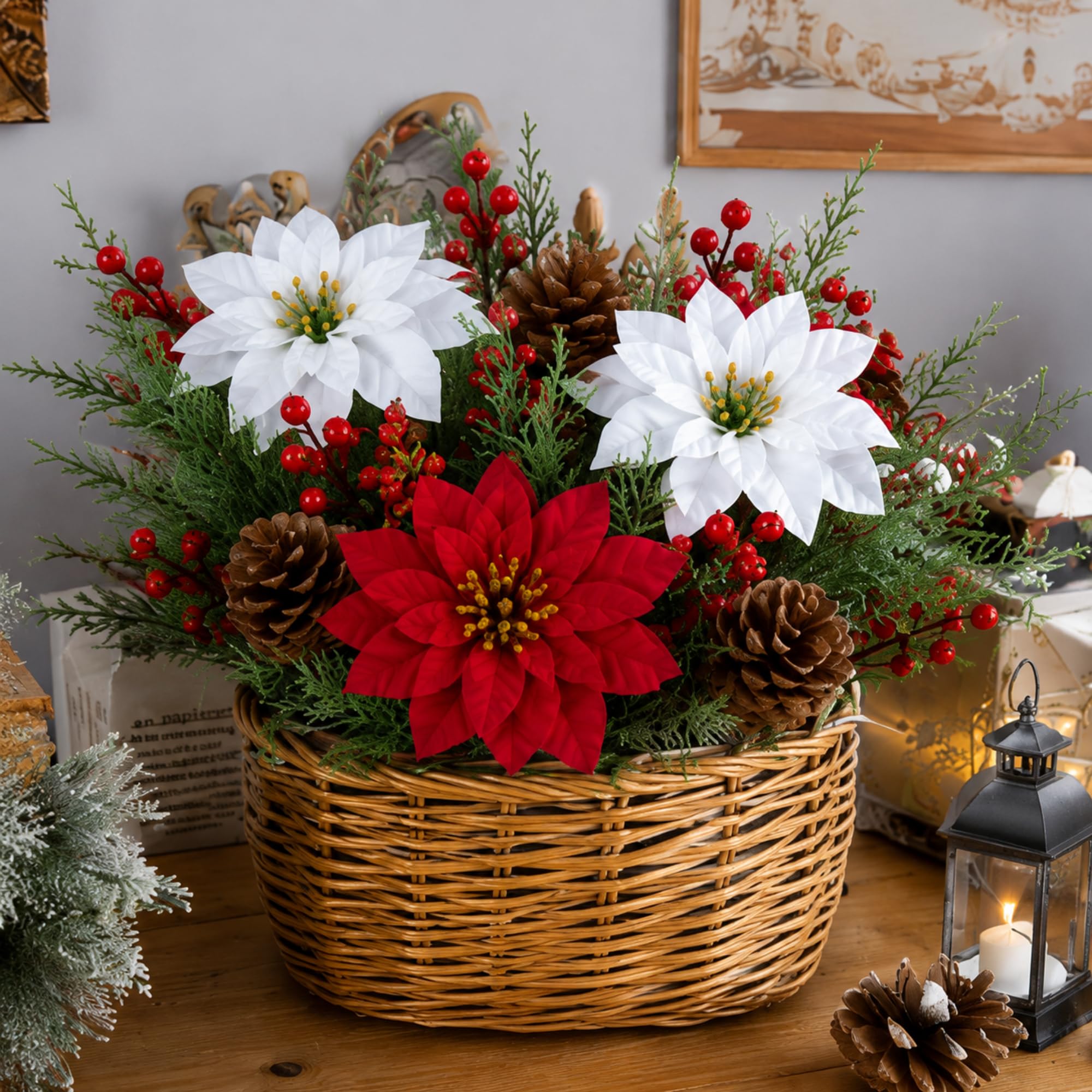 Lot de 20 tiges de pin poinsettia, rouge, vert, blanc | Pics de Noël artificiels avec poinsettias rouges, pommes de pin, baies, aiguilles de pin pour arbre, couronne, vase