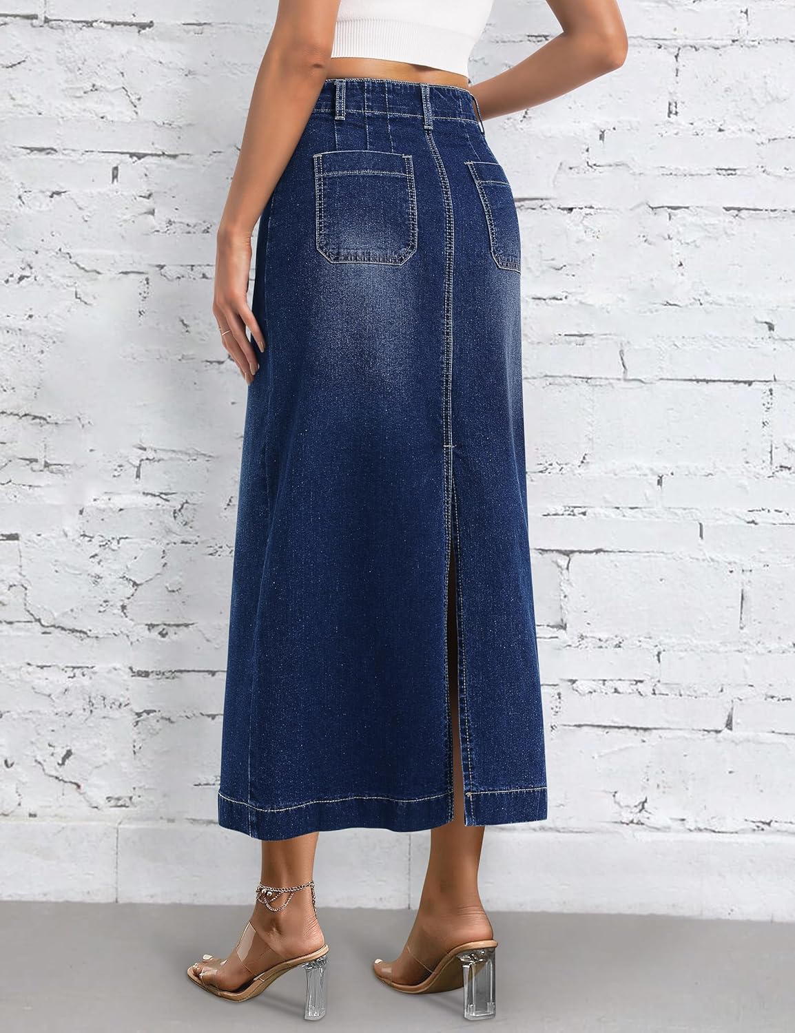 Long Denim Skirt for Women Stretch Maxi Skirt with Back Slit High Waisted Pencil Jean Skirt with Pockets Casual - Image 2