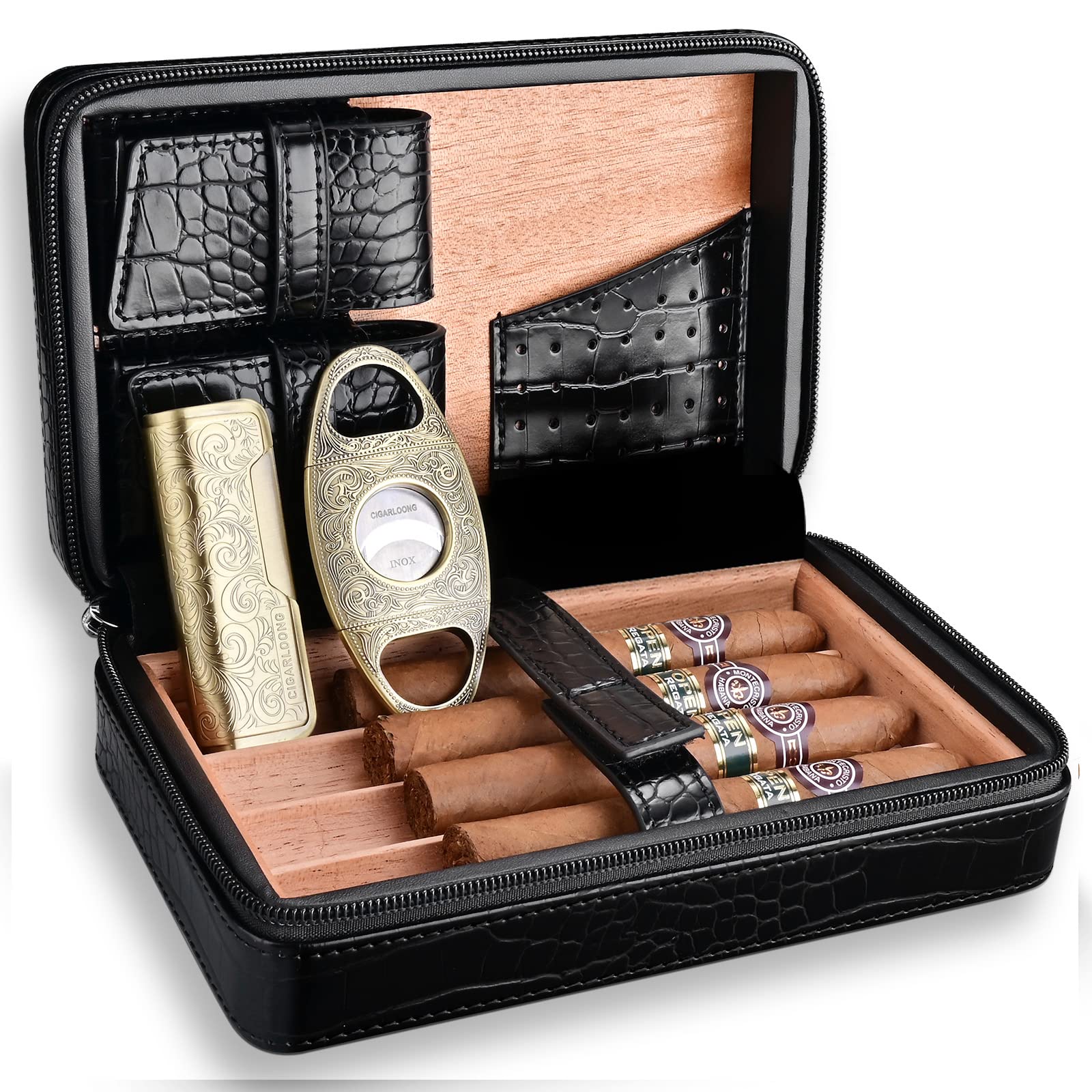 CIGARLOONG Cigar Humidor Set with Sharp Blade Cigar Cutter Windproof Cigar lighter Portable Leather Cigar Case Tool Set (Black2),Without Gas