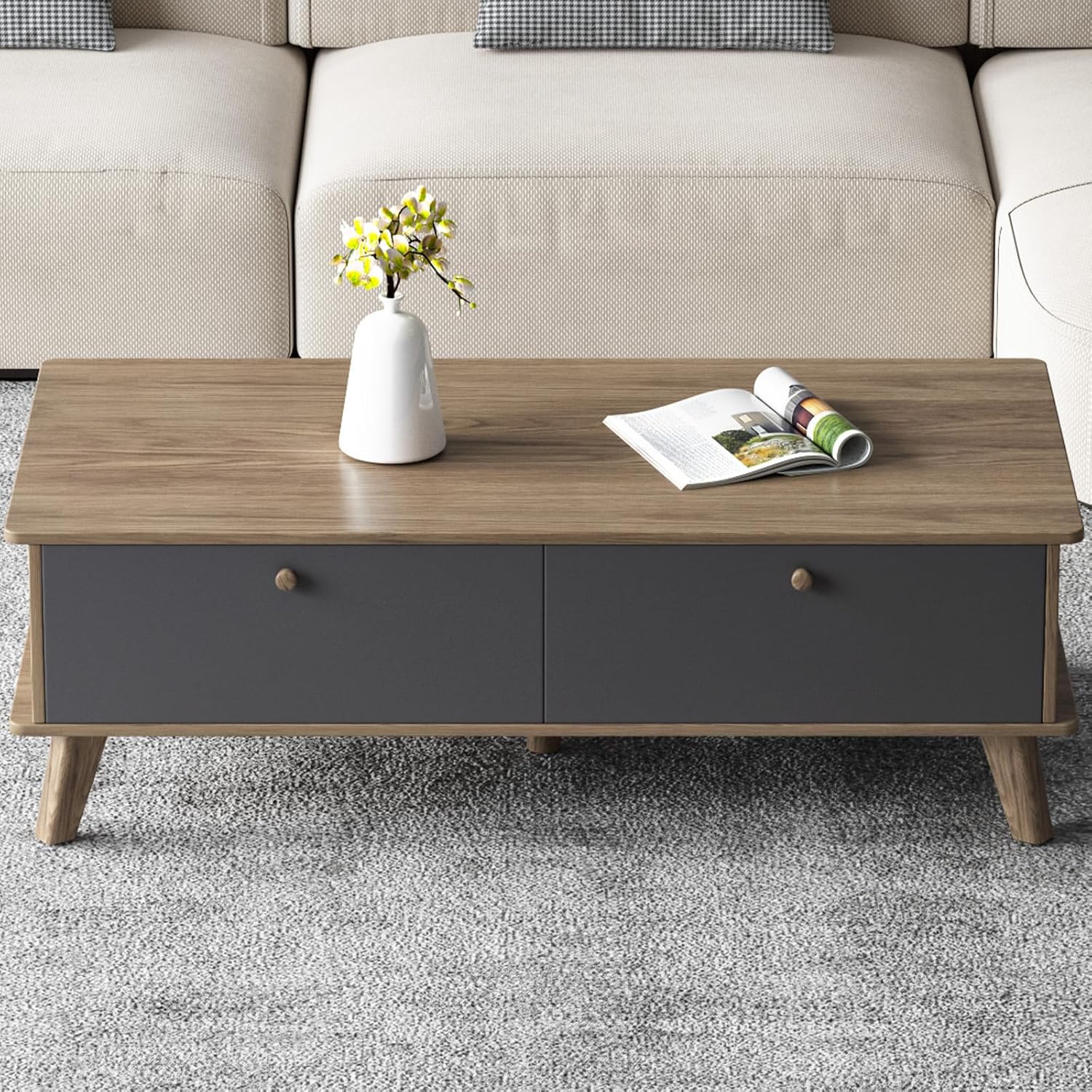 Guyii Coffee Table with Storage Drawer, Mid Century Modern Tea Table, Space Saving Center Table, Rectangular Office Desk for Living Room, Home Office, Easy to Assemble